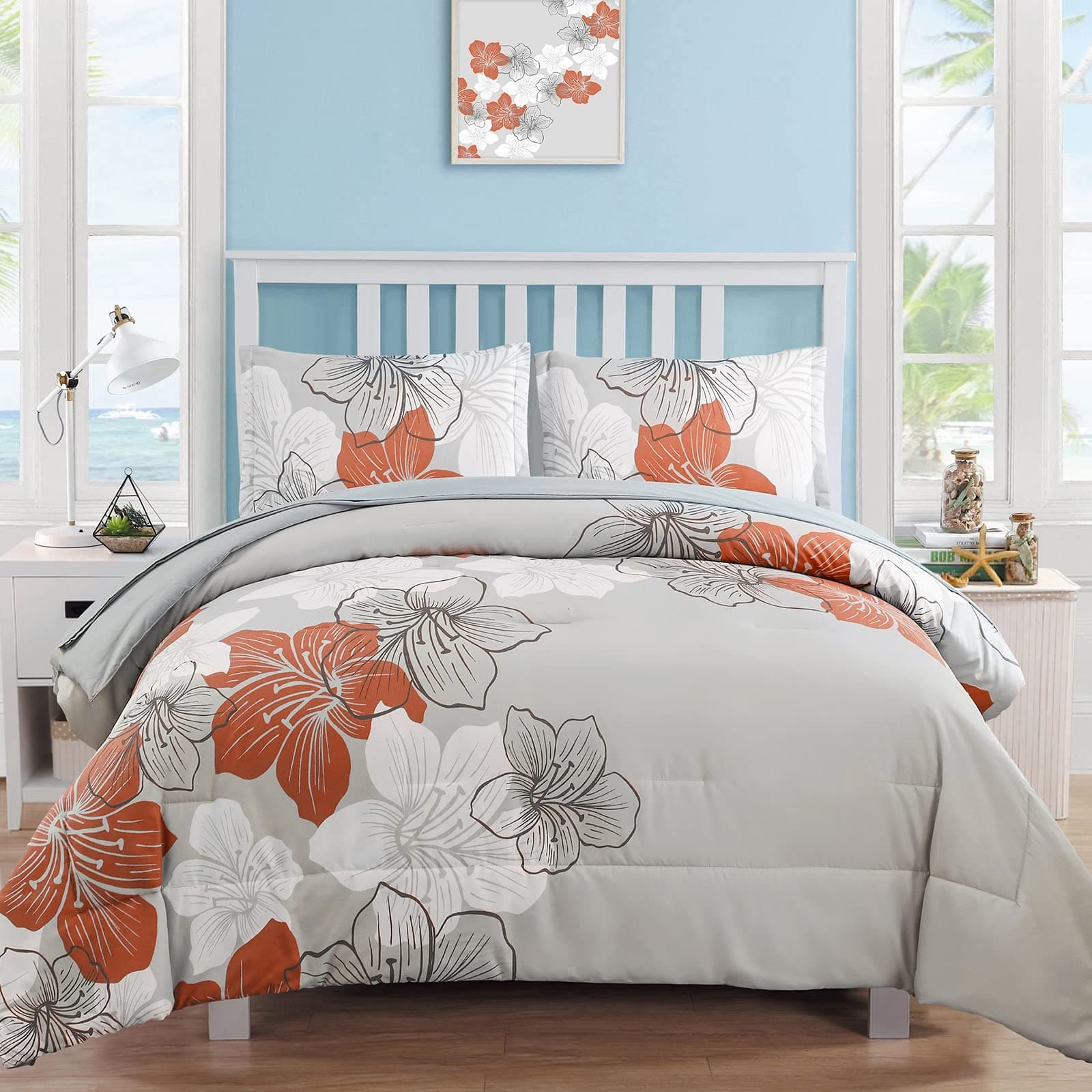 Floral Comforter Set King Size, Terracotta Floral Pattern Printed on Light Grey, Soft Microfiber 7 Pieces Bed in a Bag (1 Comforter, 2 Pillow Shams, 1 Flat Sheet, 1 Fitted Sheet, 2 Pillowcases)