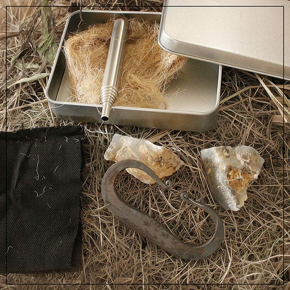 Flint Fire Starter English Flint Stone Steel Striker Kit Primitive Fire Starter with Jute Tinder Tin Box Pocket Bellow