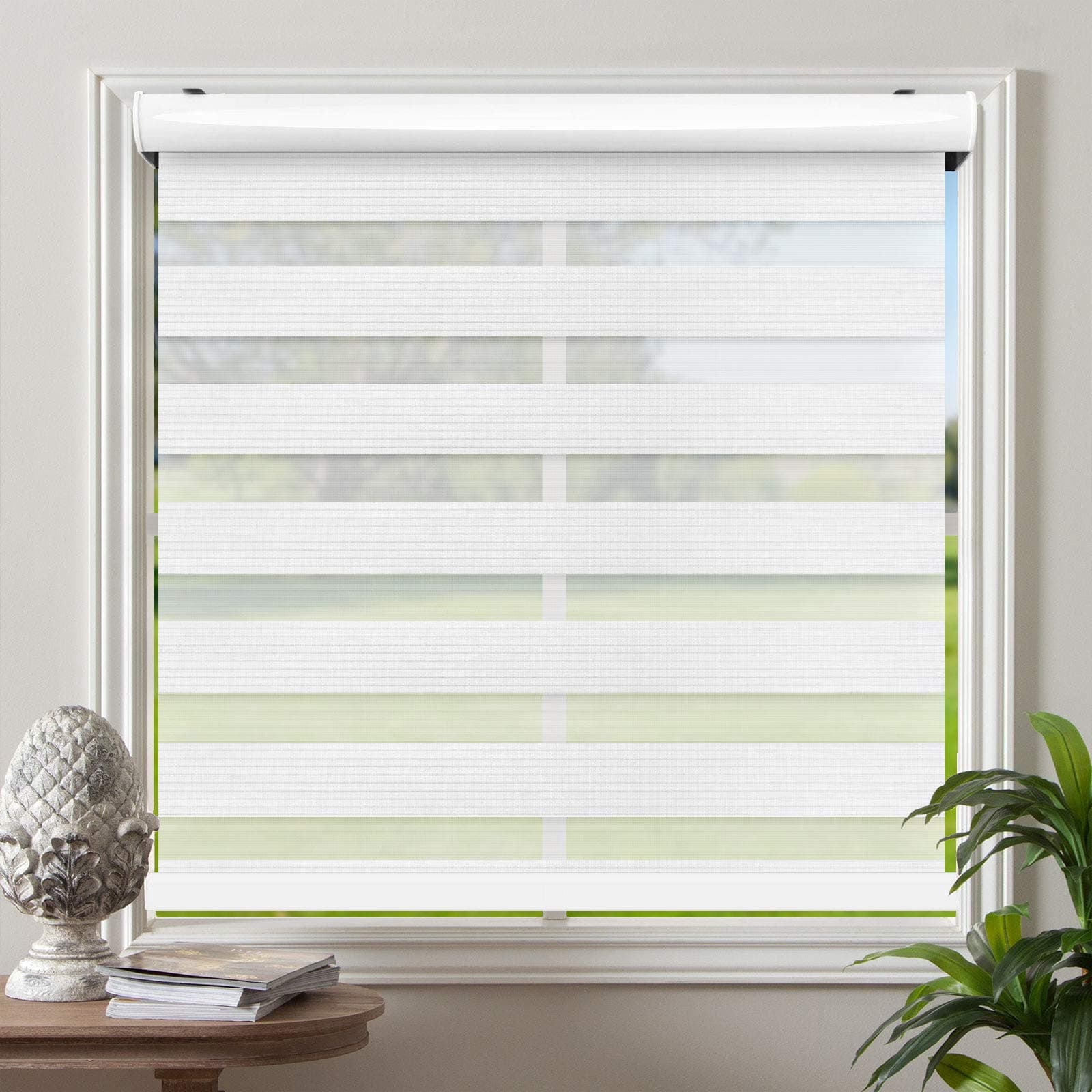 Biltek Cordless Zebra Window Blinds with Modern Design - Roller Shades w/Dual Layers - Solid & Sheer Shades for Transparency/Privacy - Great for Home, Office, Kitchen, Bathroom - White, 65" W X 72" H