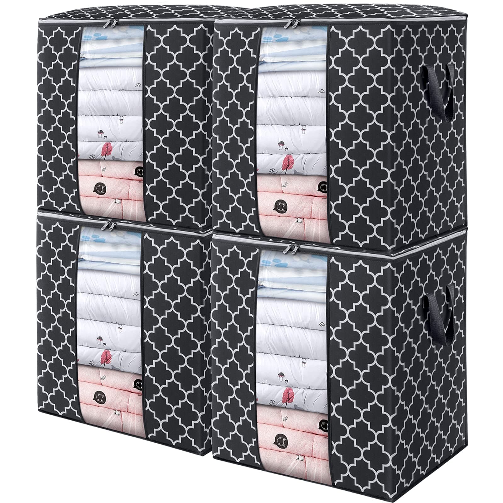 WISELIFE Storage Bags 4 Pack/100L Large Blanket Clothes Organization and Storage Containers for Comforters,Bedding, Foldable Organizer with Reinforced Handle, Clear Window, Sturdy Zippers,Black