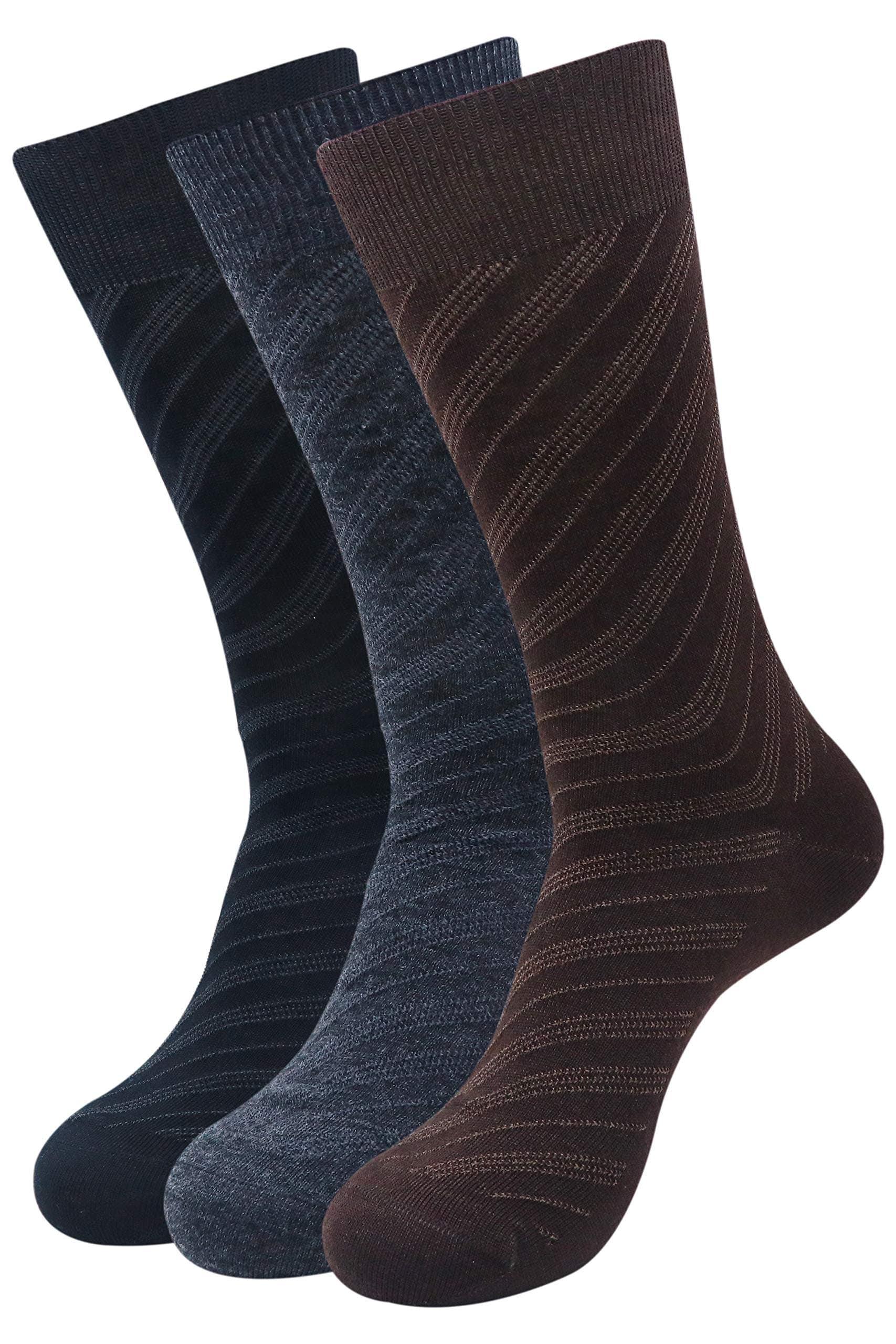BALENZIAMen's Woollen Diagonal Stripes Design Crew Socks -Multicolored- Pack of 3