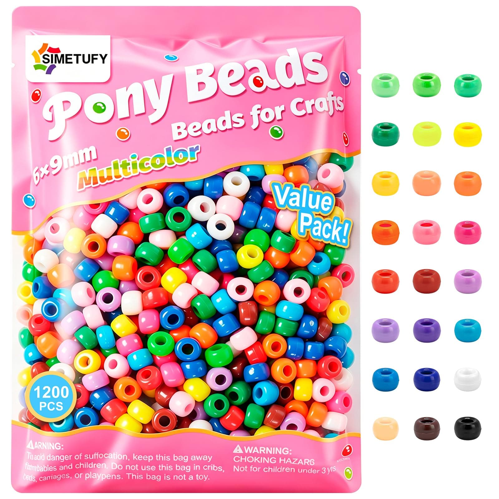 Simetufy 1200 Pcs Pony Beads for Bracelet Making, Multi-Colored 6x9mm Plastic Kandi Beads for Hair Braiding DIY Crafts Kandi Jewelry Key Chains Ornaments Decorations 24 Assorted Colors