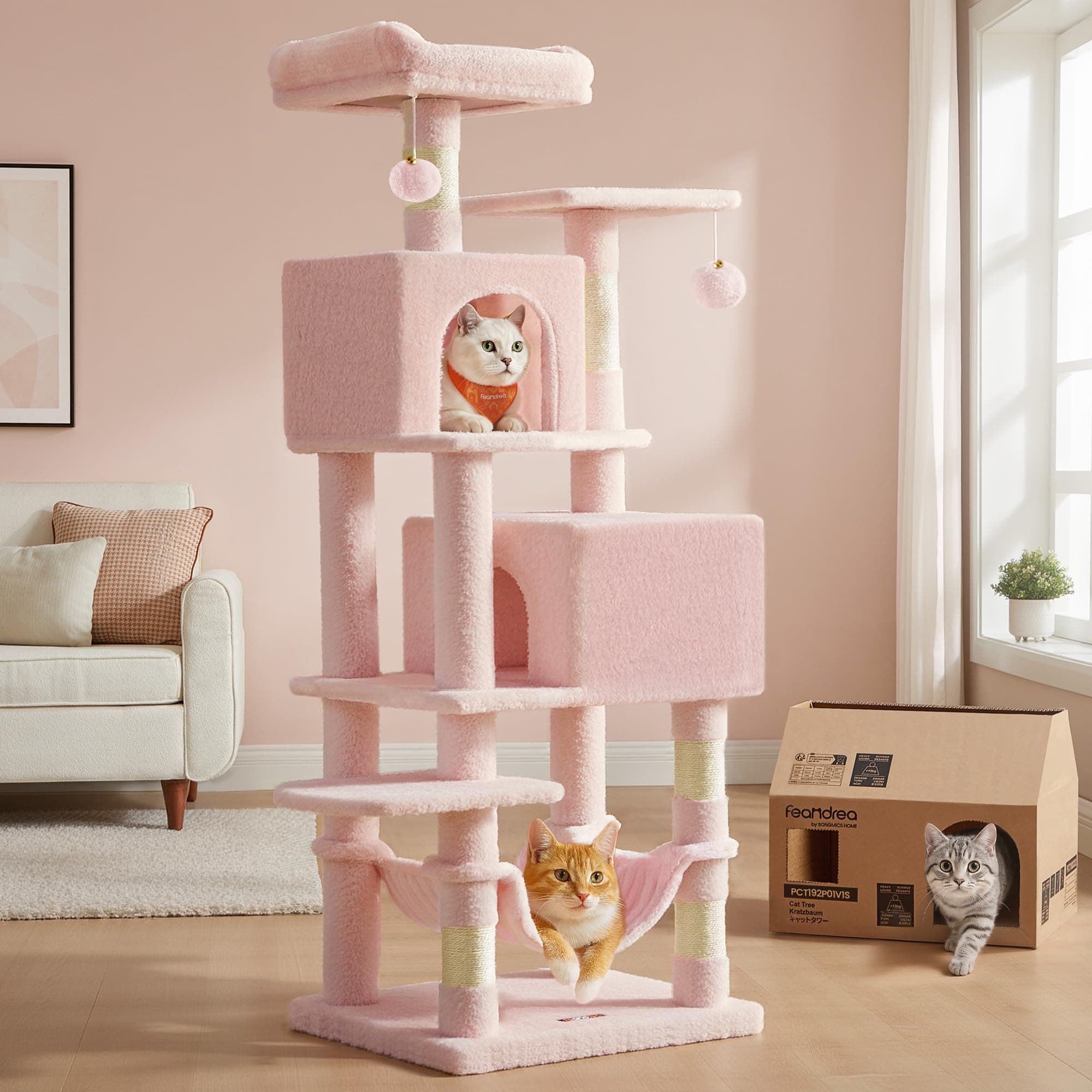 Feandrea Cat Tree, 59.5-Inch Tall Cat Tower, Plush Multi-Level Condo with 5 Scratching Posts, 2 Perches, 2 Caves, Hammock, 2 Pompoms, Jelly Pink UPCT192P01