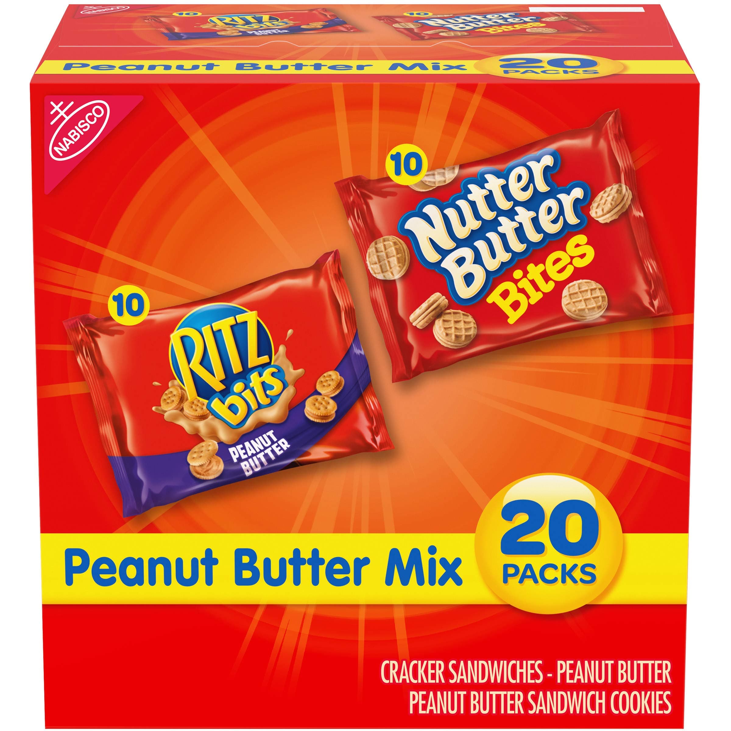 Nabisco Peanut Butter Mix Variety Pack, RITZ Bits Peanut Butter & Nutter Butter Bites, 1 Box of 20 Snack Packs, 20 Count (Pack of 1)