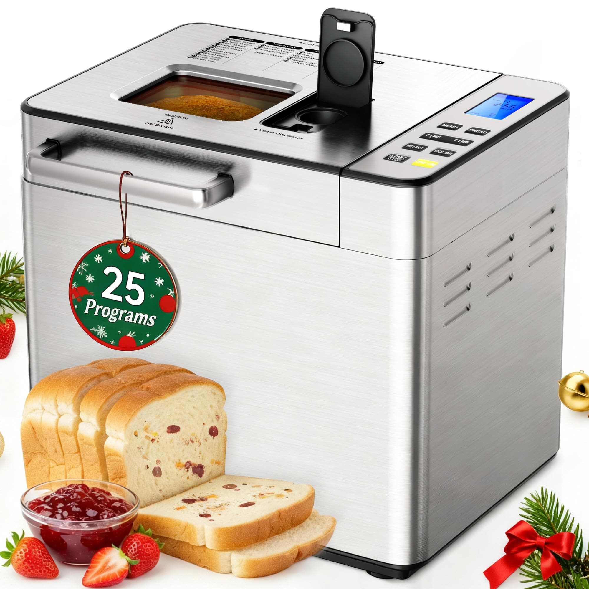 25-in-1 Bread Maker Machine 2LB Breadmaker, Bread Machines with Nut Dispenser and Yeast Dispenser, 3 Loaf Sizes 3 Crust Colors, Dough Maker with Customized Options, Gluten-Free, Recipe, Gifts