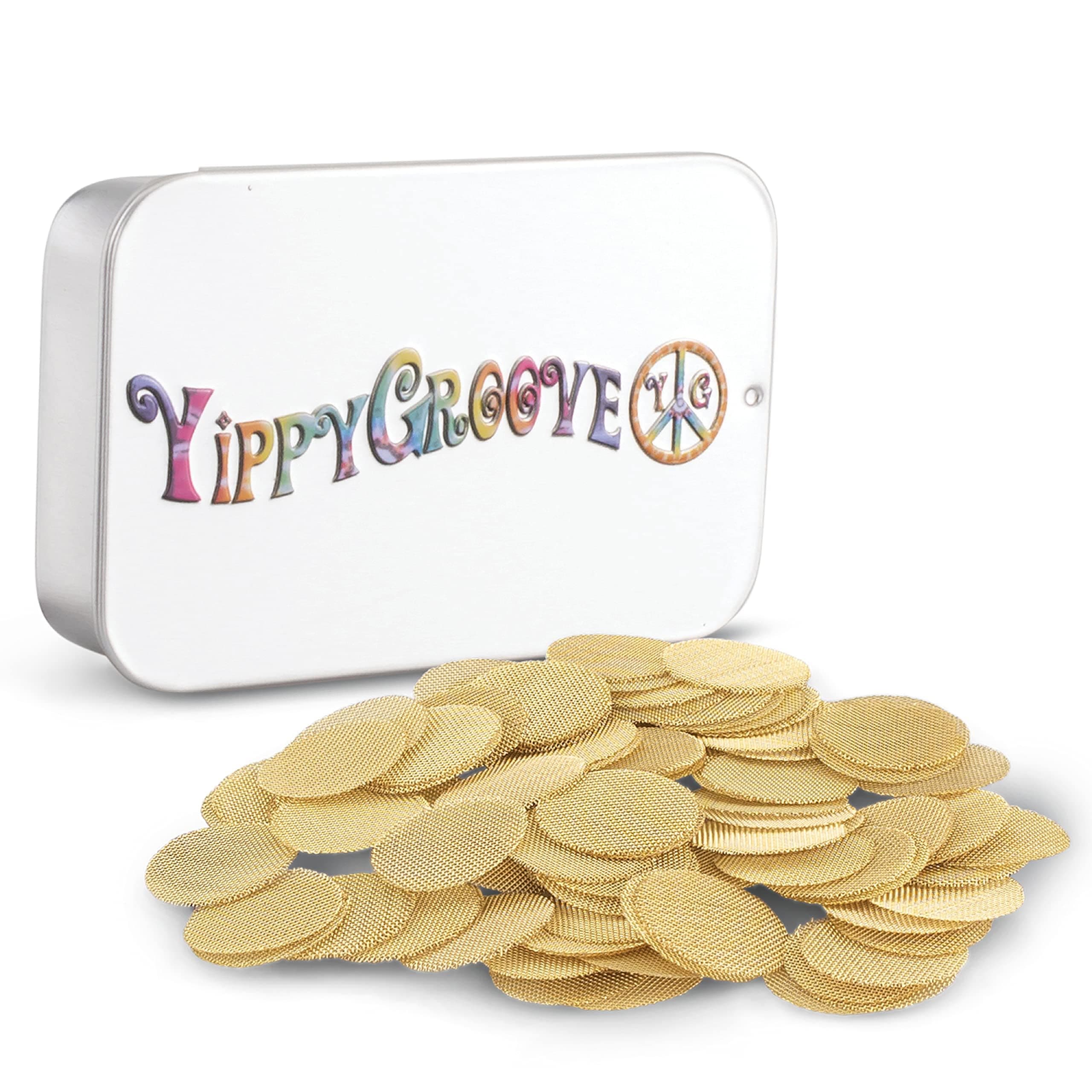 Pipe Filter with Tin - Pipe Screen Made in USA Premium Quality Brass for Aeration- 100 count 3/4 Inch (1.9 cm) In Limited Edition YippyGroove Tin (100)