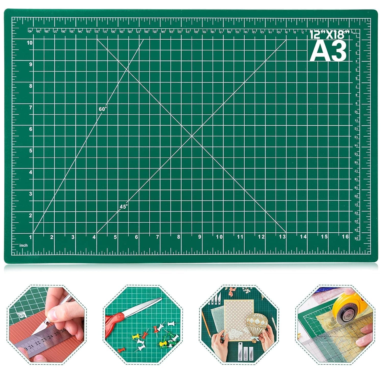 HOME BUY Rubber Professional Cutting Mat A3 Self-Healing 5 Layers Double Sided Durable Non-Slip Pvc 18" X 12" Inch (Green)