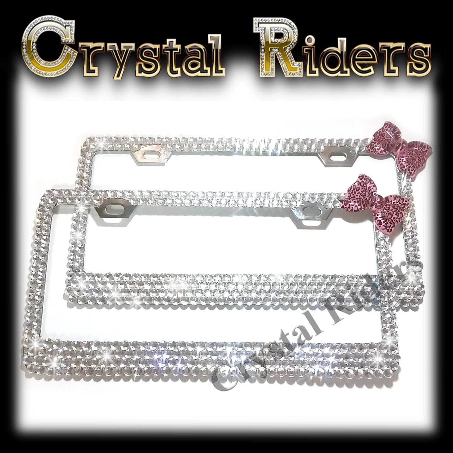 PAIR OF 2 front and back/rear Bling License Plate Frame pink leopard animal Bow with 500 Crystals Clear Metal Holder Sparkly Sparkle Custom Hand Made Hand Crafted 2 SET TWO Kitty