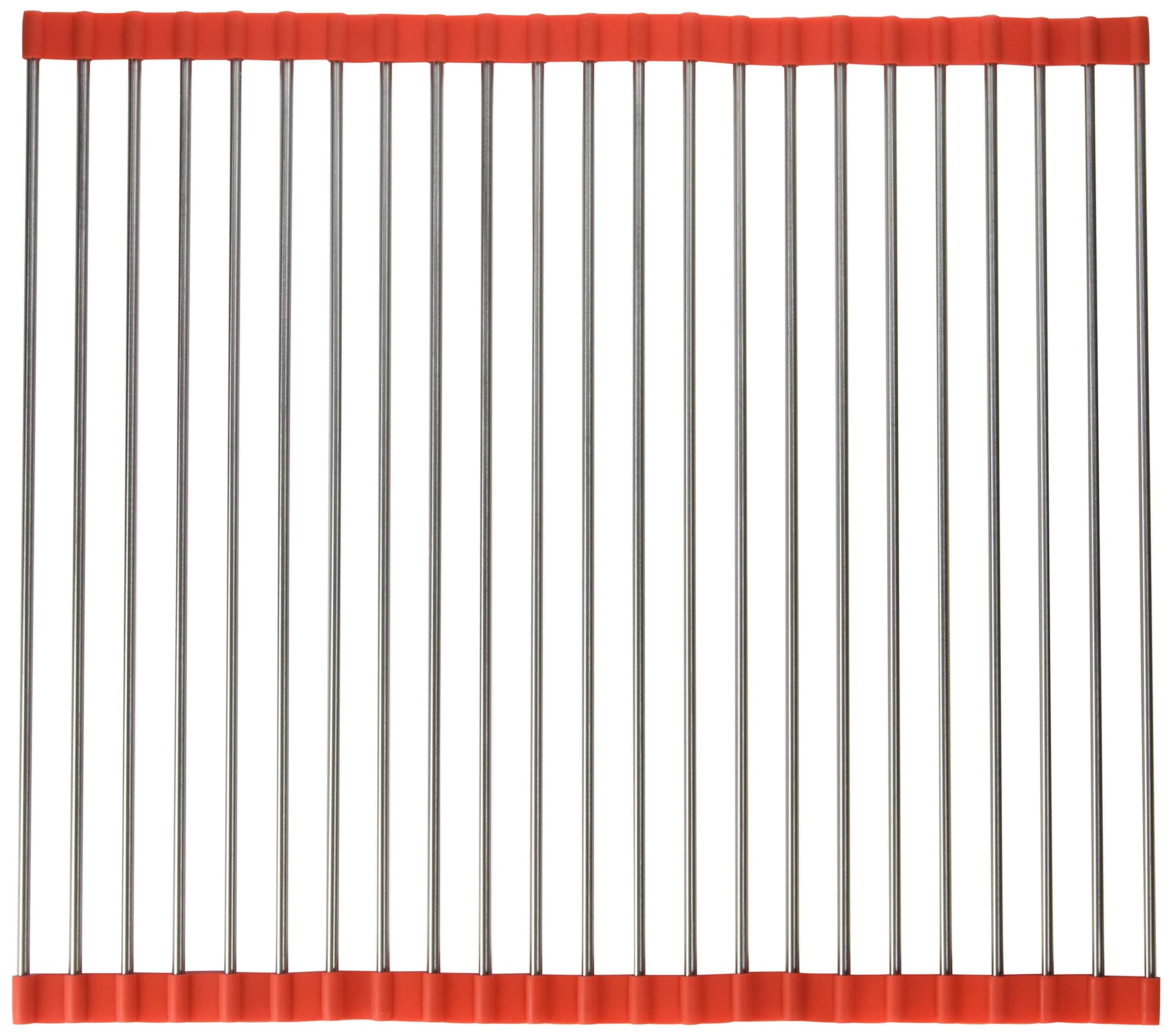 Large Roll Up Dish Drying Rack, Stainless Steel 18.5 x 16 Inch, Rollable, Easy Storage, Defrosting Foods, Cooling Rack, Trivet, Over the Sink, Space Saver, Easy to Clean, Heat Resistant 450F - Red