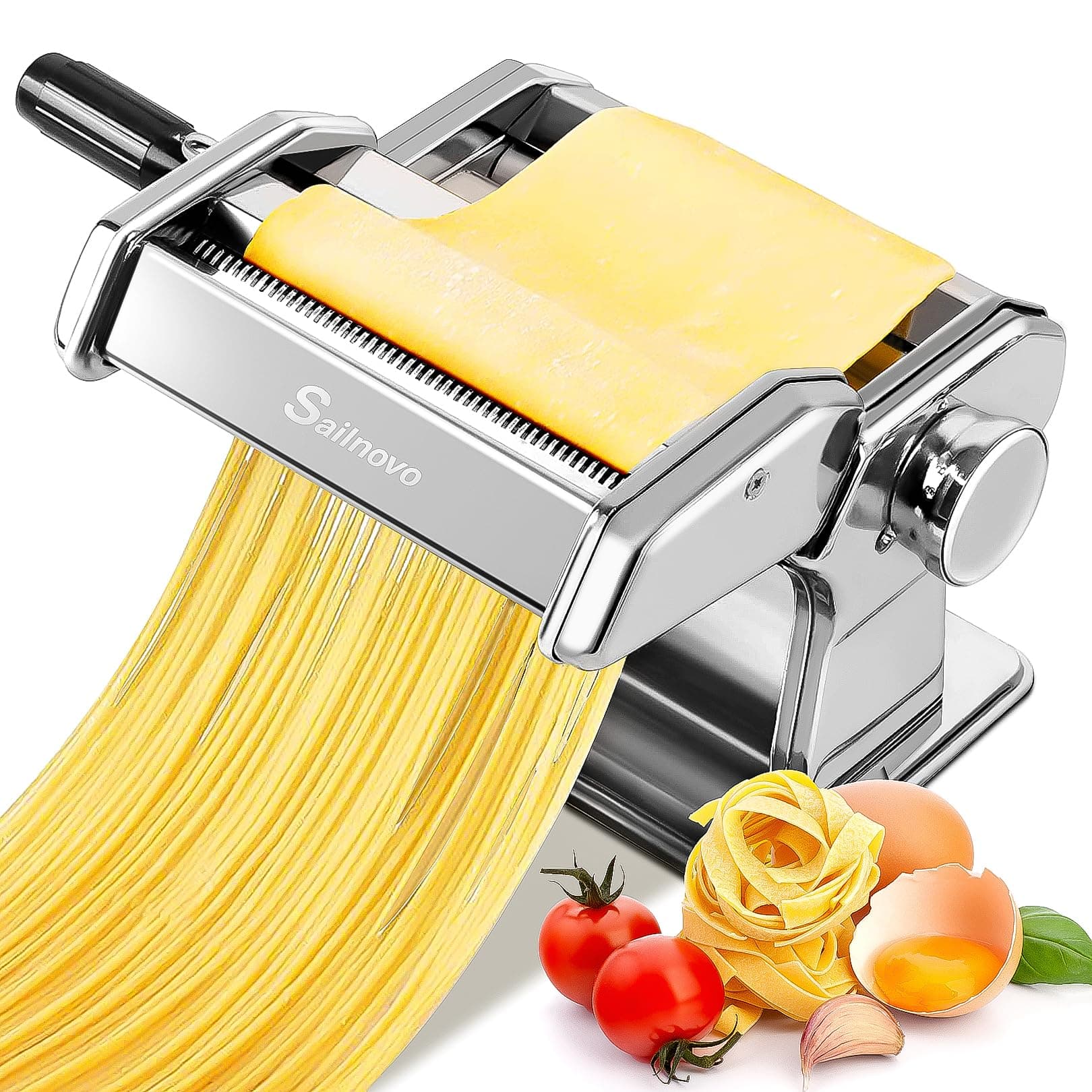 Sailnovo 3 in 1 Pasta Maker Machine - 9 Adjustable Thickness Settings Aluminum Alloy Pasta Roller & 2 Width Cutters for Fresh Spaghetti, Fettuccini, Lasagna, Dumplings - Stainless Steel, Silver