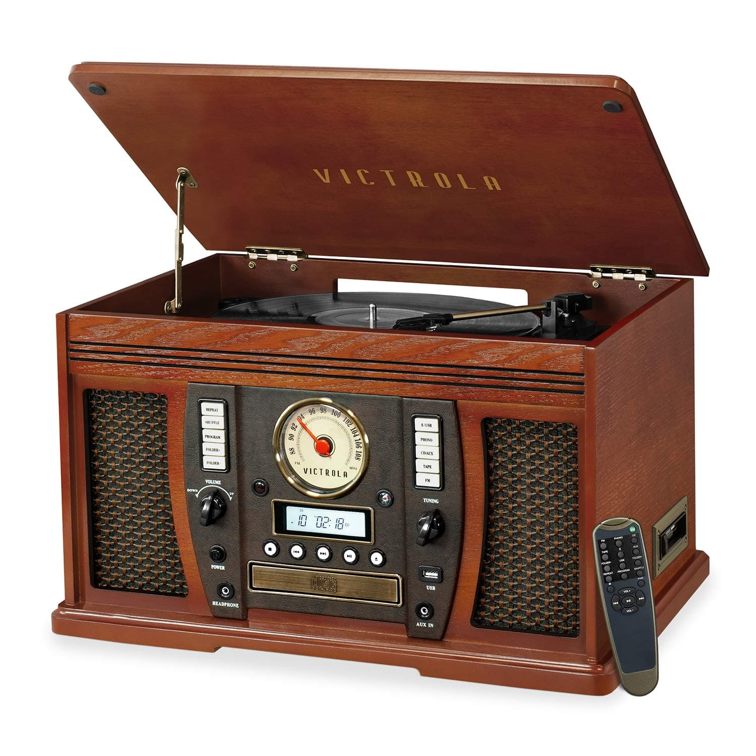 Aviator 8-in-1 Bluetooth Record Player & Multimedia Center with Built-in Stereo Speakers - 3-Speed Turntable, Vinyl to MP3 Recording, Wireless Music Streaming, Mahogany