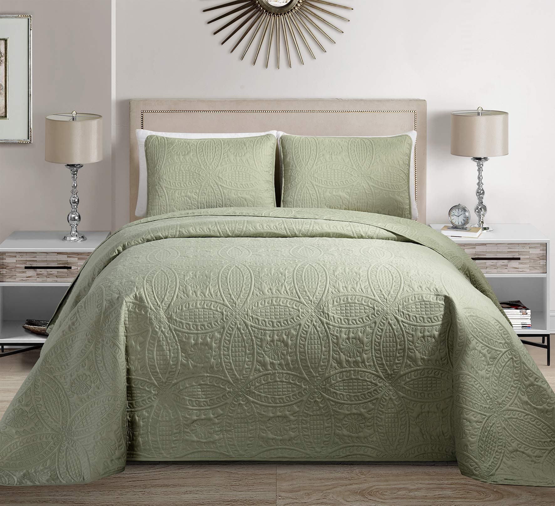 MK HomeMk Home Mk Collection Solid Embossed Bedspread Bed Cover Over Size (Light Green, King/California King)