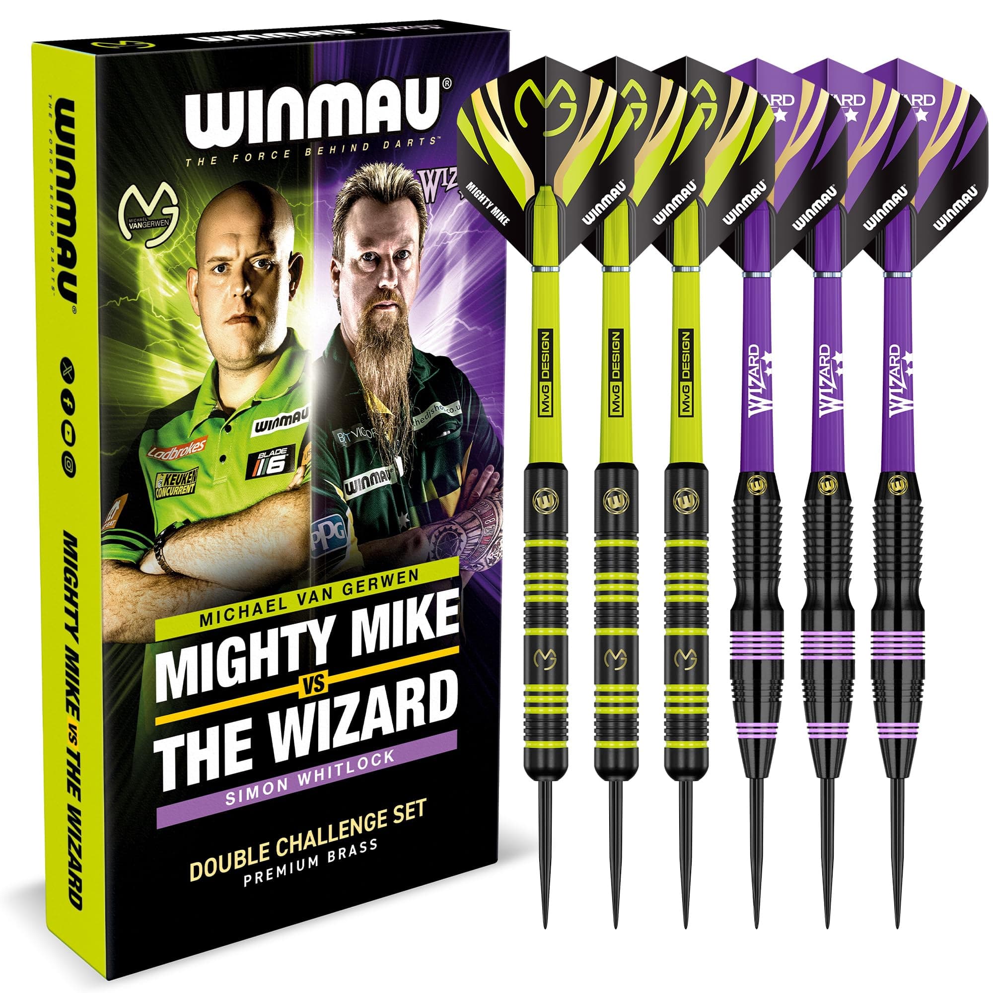 Winmau Darts Michael 'MvG' Van Gerwen Vs Simon 'The Wizard' Whitlock | Twin Set | 22g Steeltip Brass Darts Set with Flights and Shafts (Stems)