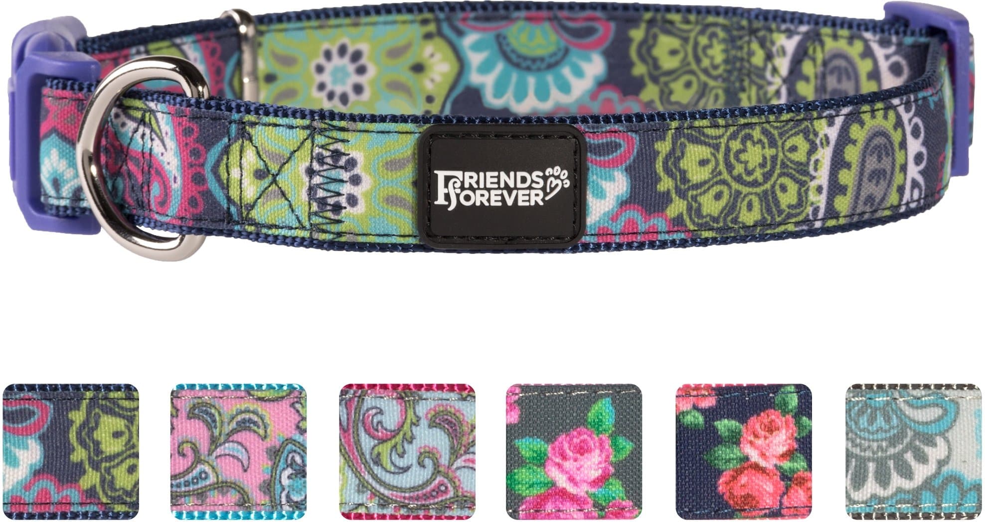 Friends Forever Dog Pattern Collar Double Layer Print Paisley Navy Large 18-26"