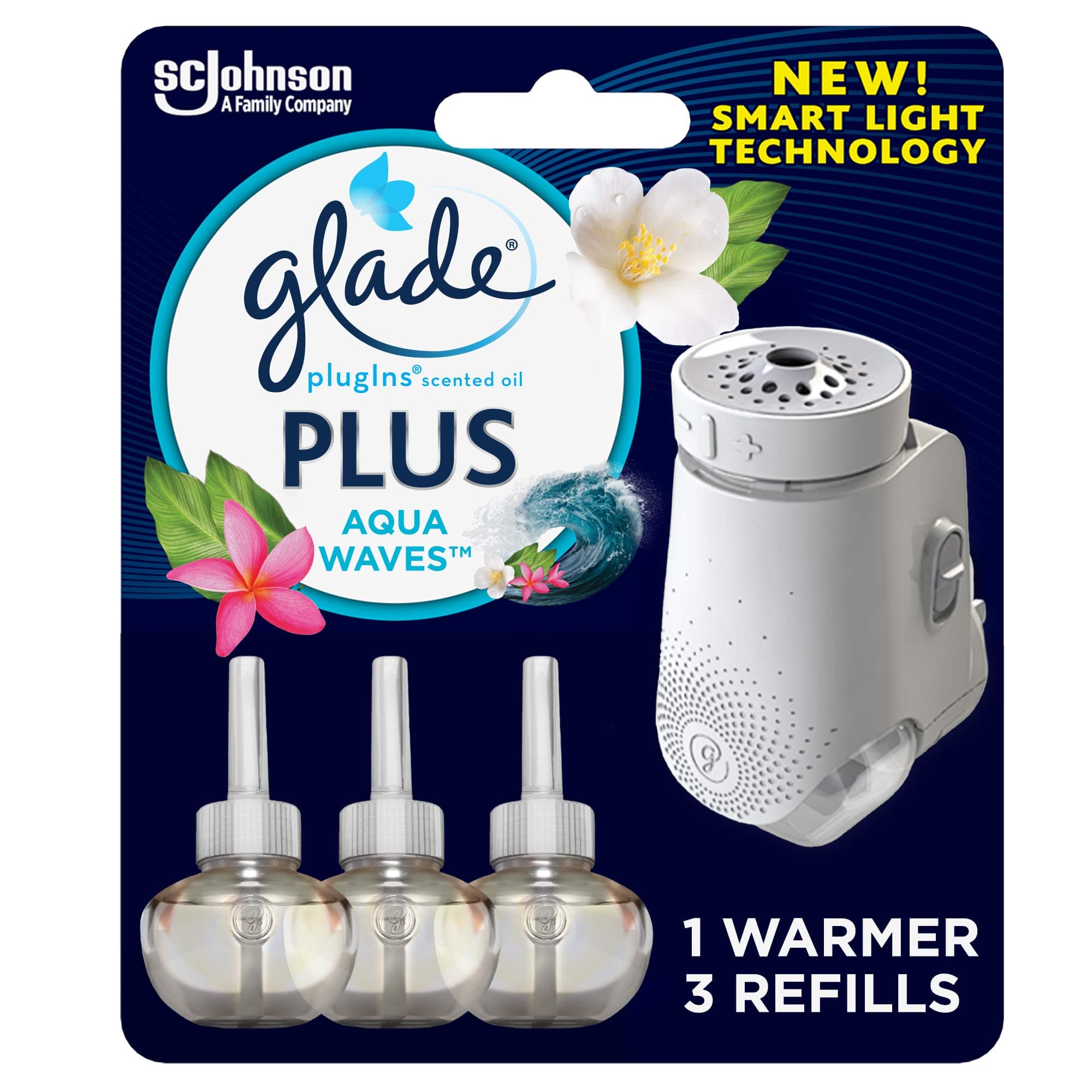 GladePlugIns Plus Refills Air Freshener Starter Kit, Aqua Waves, Scented and Essential Oils for Home and Bathroom, 0.67 Fl Oz, 1 Warmer + 3 Refills
