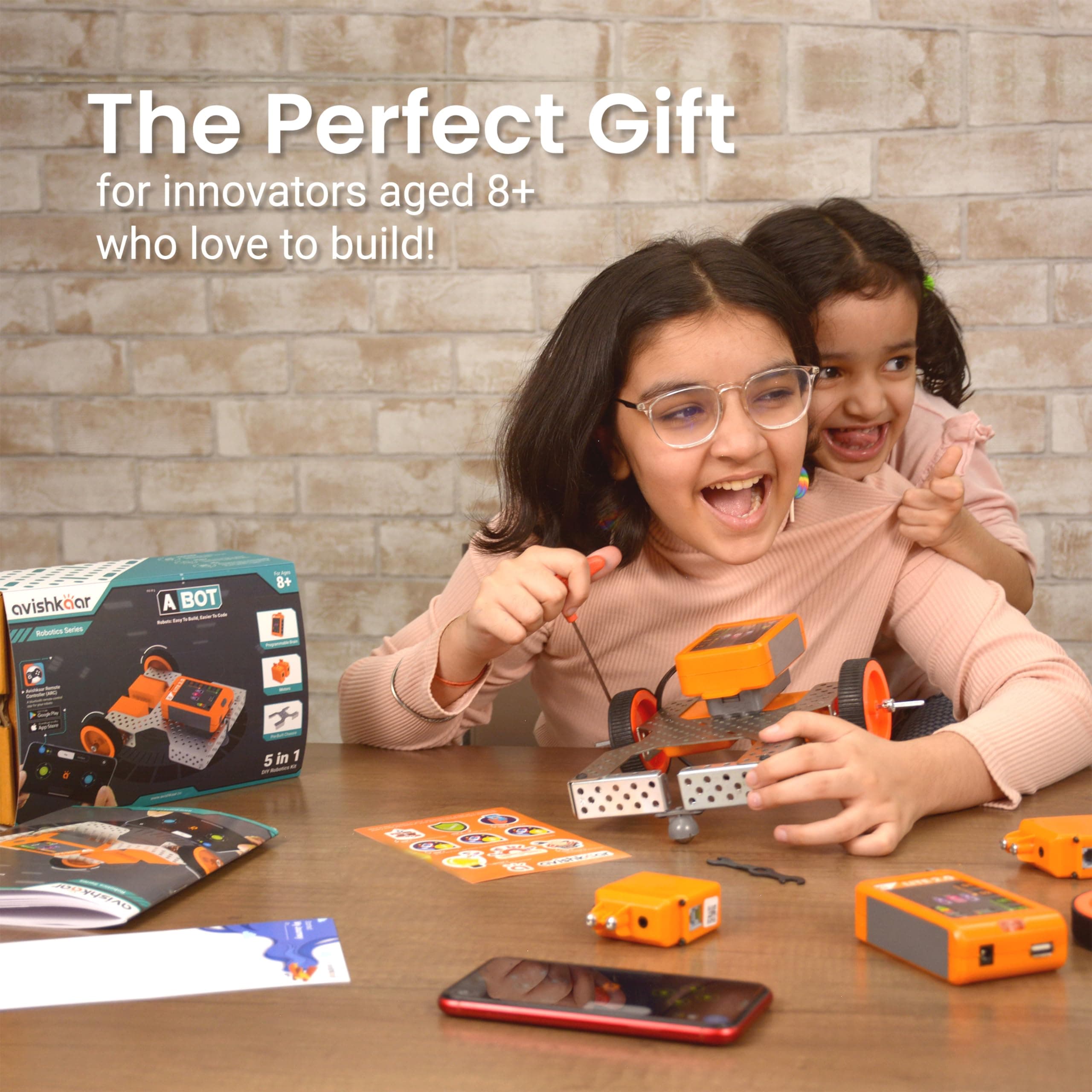 Avishkaar ABot, 5-in1 DIY Robotics & Coding Kit for Kids aged 8-12, Controlled with Mobile App & Desktop Software, 50+ Parts, Learning & Educational STEM Kit