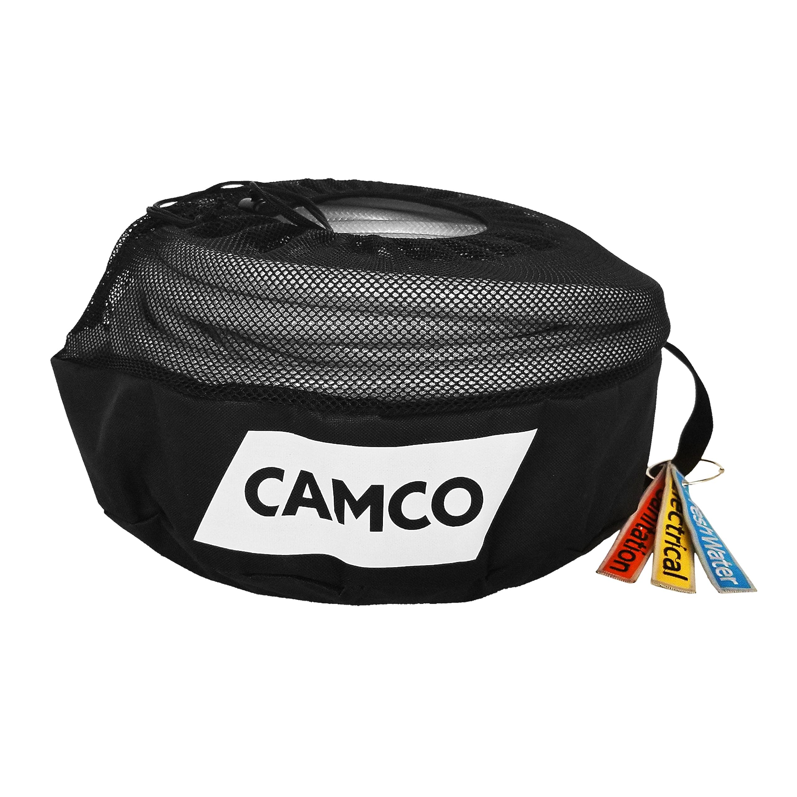 CamcoCamper/RV Equipment Storage Bag | Features Lined Interior w/Breathable Mesh Top & Barrel Lock Clasp | includes 3 Id Tags for RV Storage and Organization | 16” in Diameter x 10” Deep (53097)