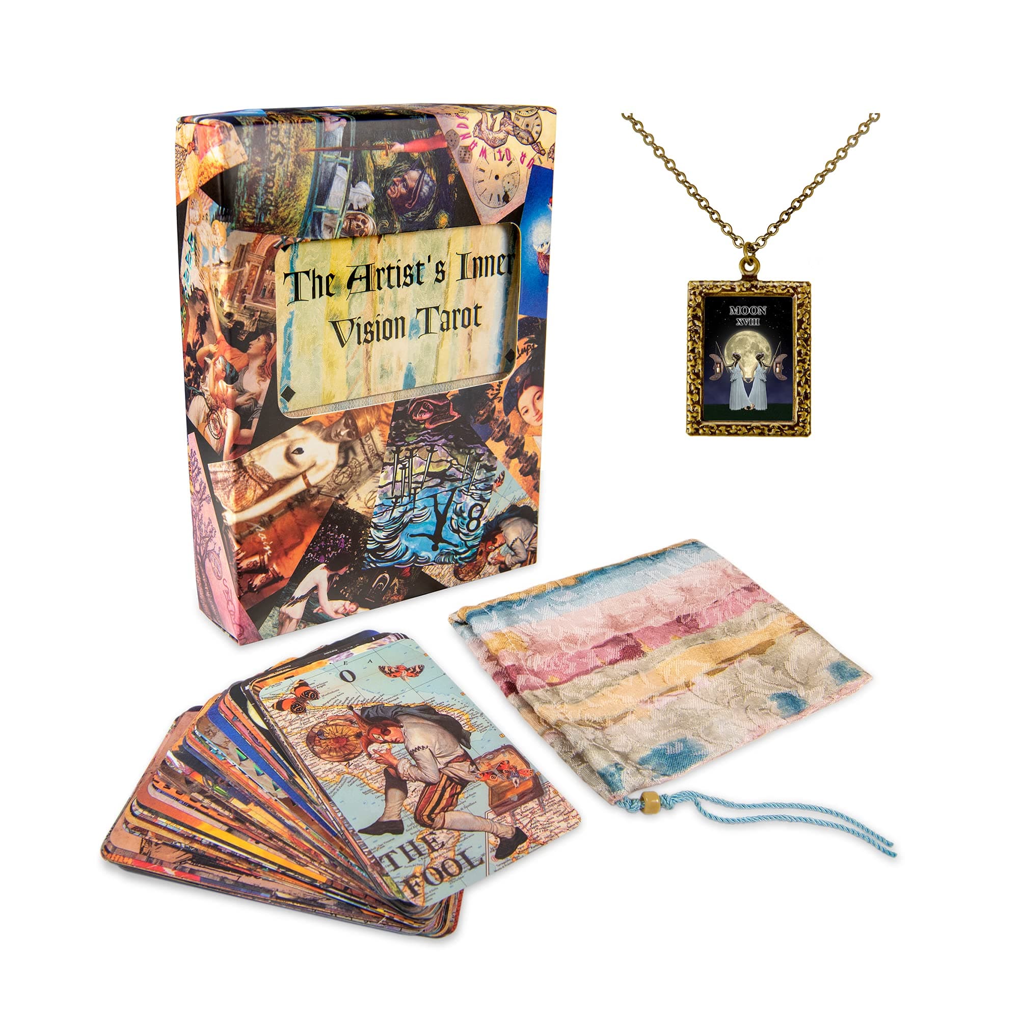 NoMonet Collaborative Tarot Deck & Book Set, Artist's Inner Vision - 78 Cards, 26 Artists, Brocade Bag, Necklace - Esoteric, Timeless, Classical, Modern - Includes Explanations Book - Unique Gift
