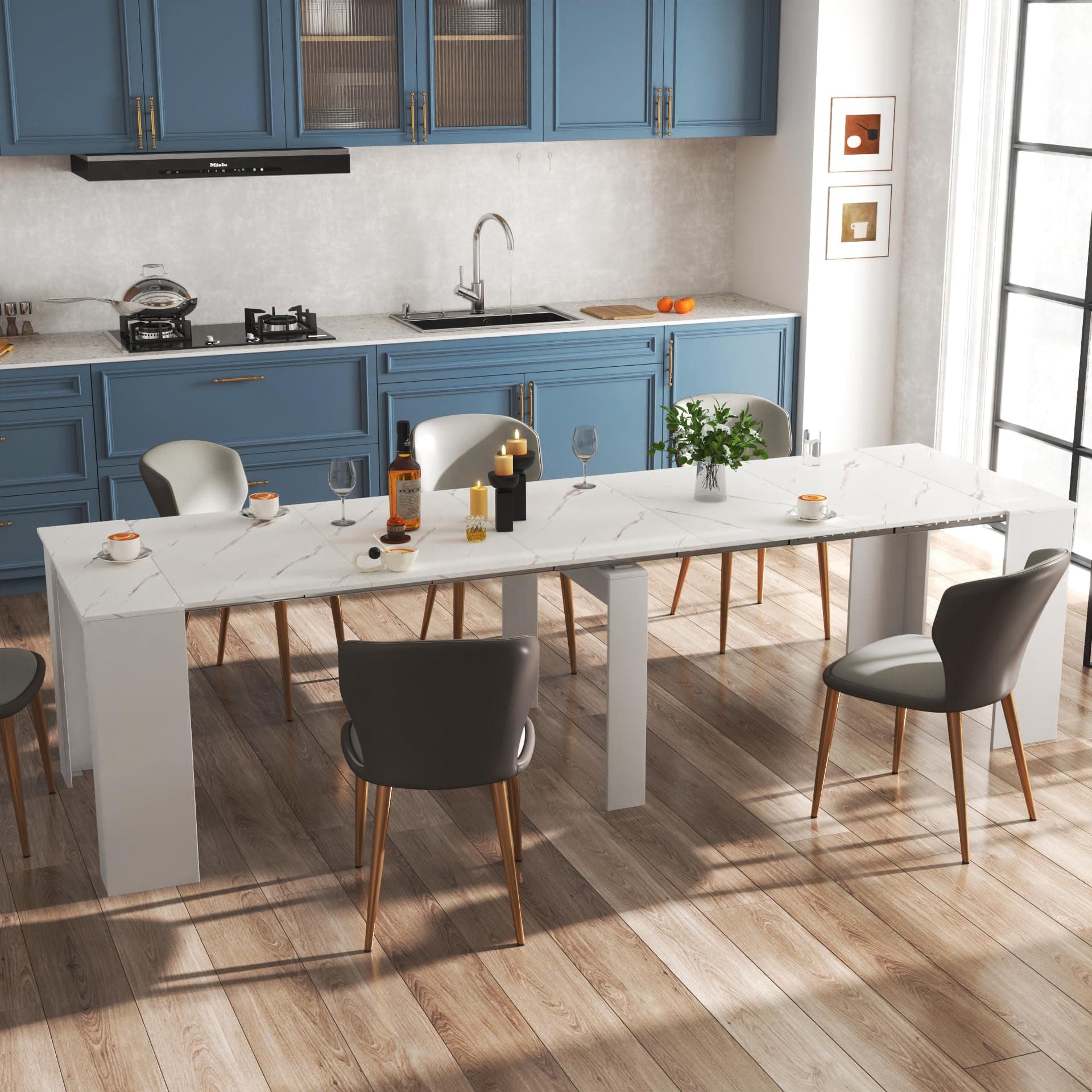 Ball & Cast Extendable Dining Table, 20"/118.5" Large Dining Room Table for 6-10 Person,Kitchen Table with Wood Legs, Space-Saving Folding Console Table, Dining Table,White Marble