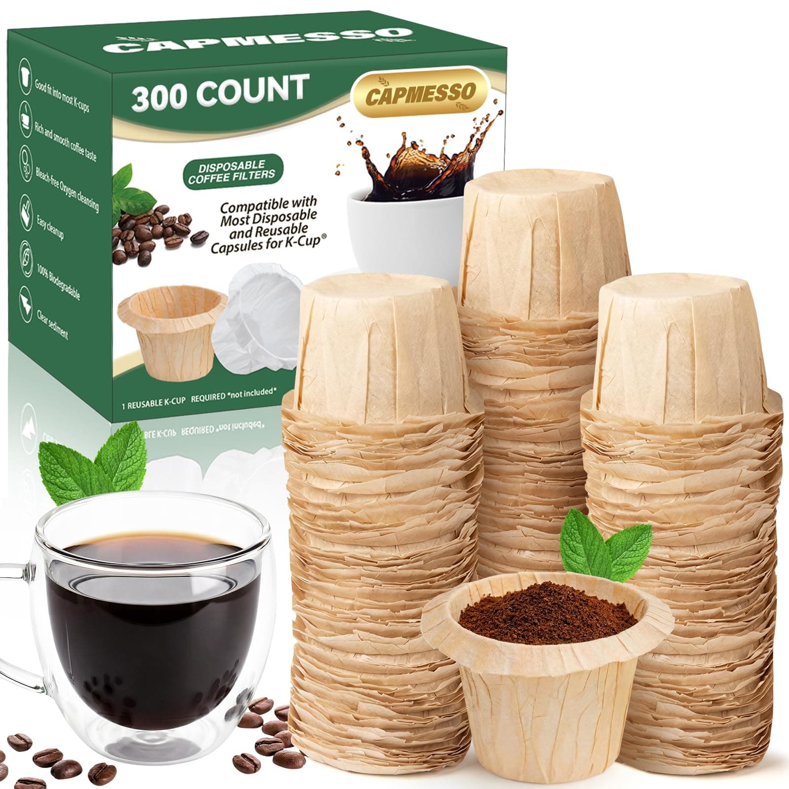 CAPMESSO Disposable Coffee Paper Filters Replacement Keurig Filter Compatible with Reusable Single Serve Pods Keurig Coffee Maker-300 Count (Natural)