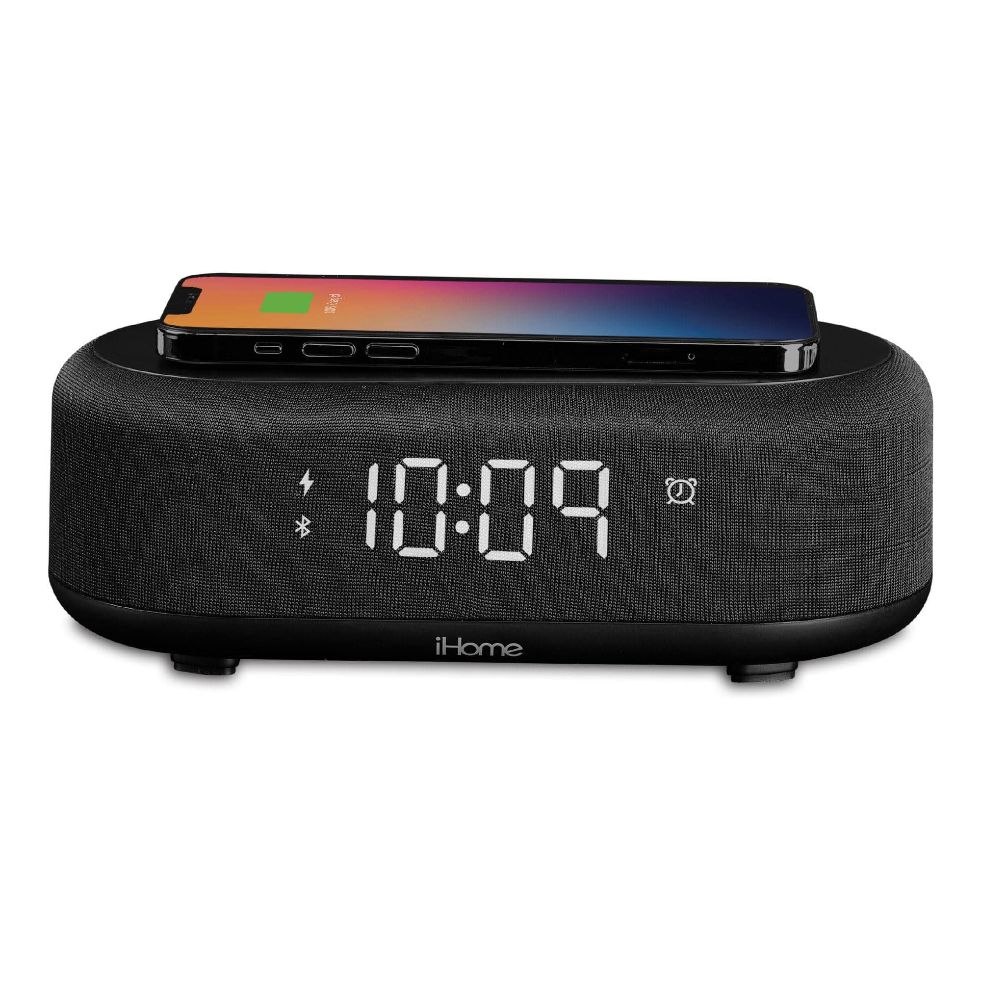 Bluetooth Alarm Clock with Wireless Charger and USB Charging Station, Digital Alarm Clock for Bedrooms, Office, or Dorm (iBTW112)