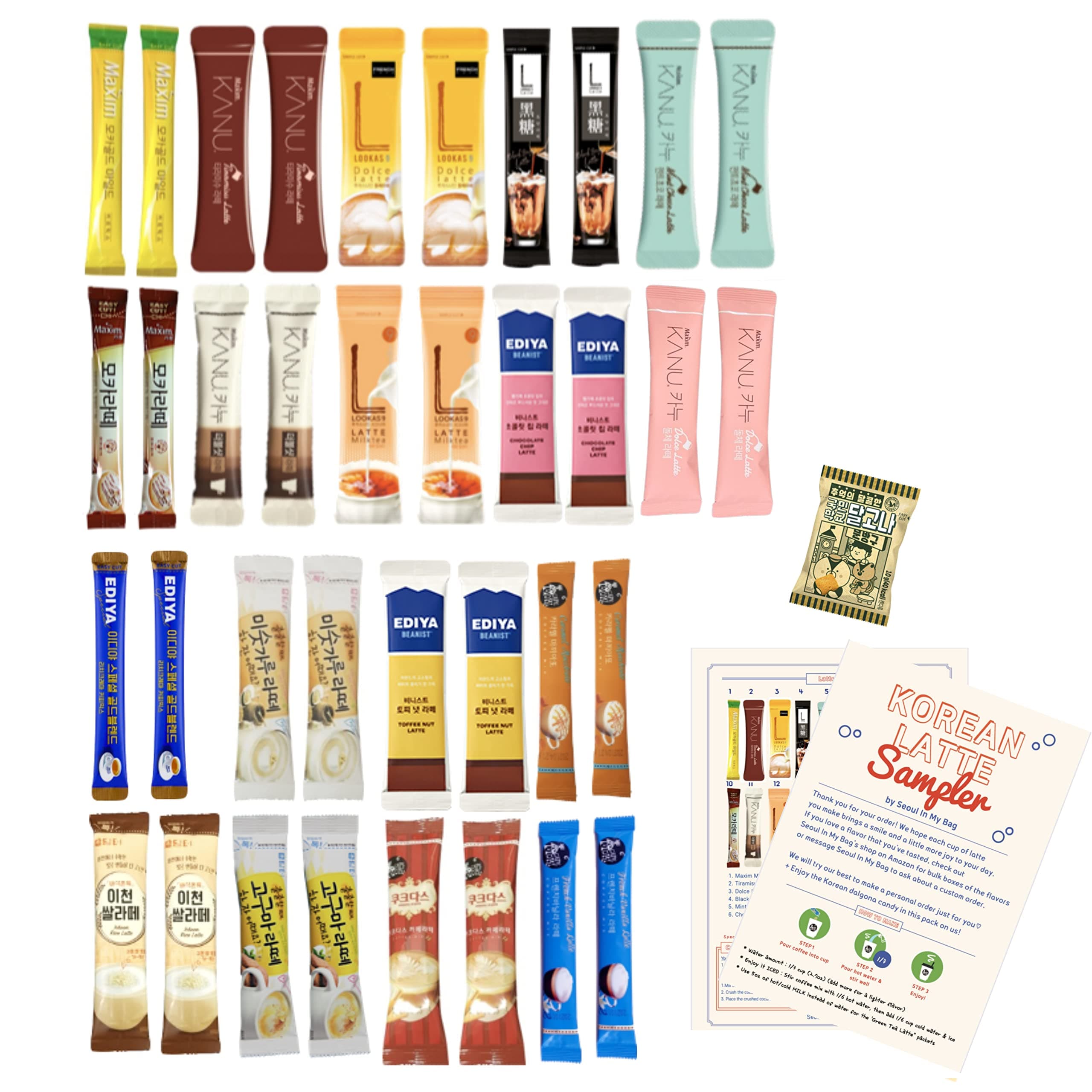 Korean Instant Coffee - Latte Sampler Gift Care Pack 36 Count (18 flavors x 2) - Tiramisu, Dolce, Kanu, Maxim Mocha Gold, Sweet Potato, Vanilla, Gold Blend, Caramel, & more)