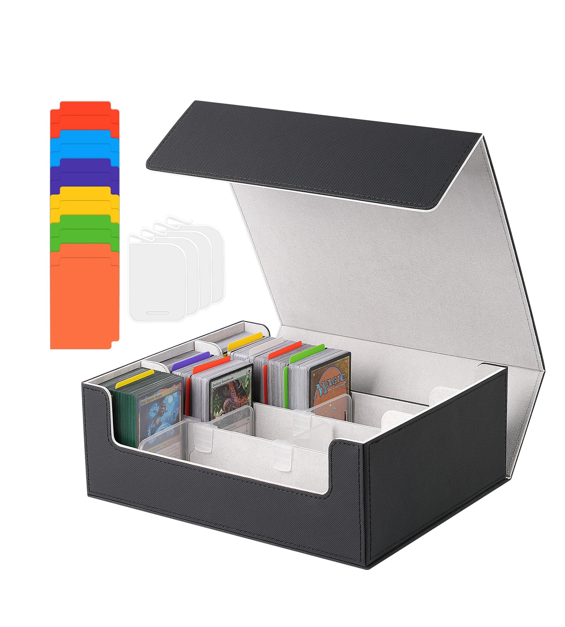 Trading Card Storage Box - 2400+ Card Deck Case for Magic the Gathering PKM YuGiOh Sports Cards, Leather MTG PTCG Commander Deck with 12 PVC Dividers 4 Supporters, Black and Gray