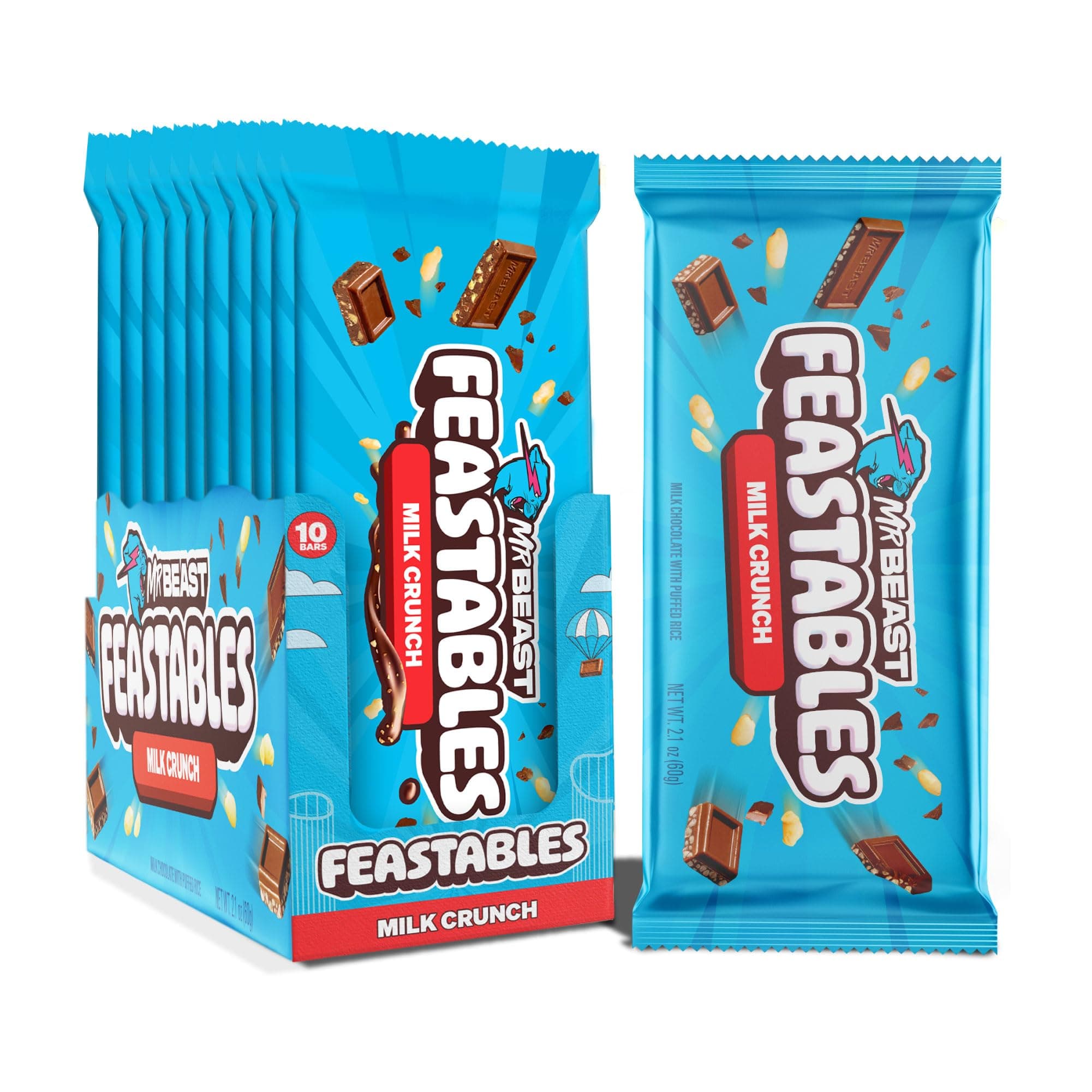Feastables MrBeast Milk Chocolate Crunch Bars - Made with Grass-Fed Milk Chocolate and Organic Cocoa. Only 6 Ingredients, 10 Count