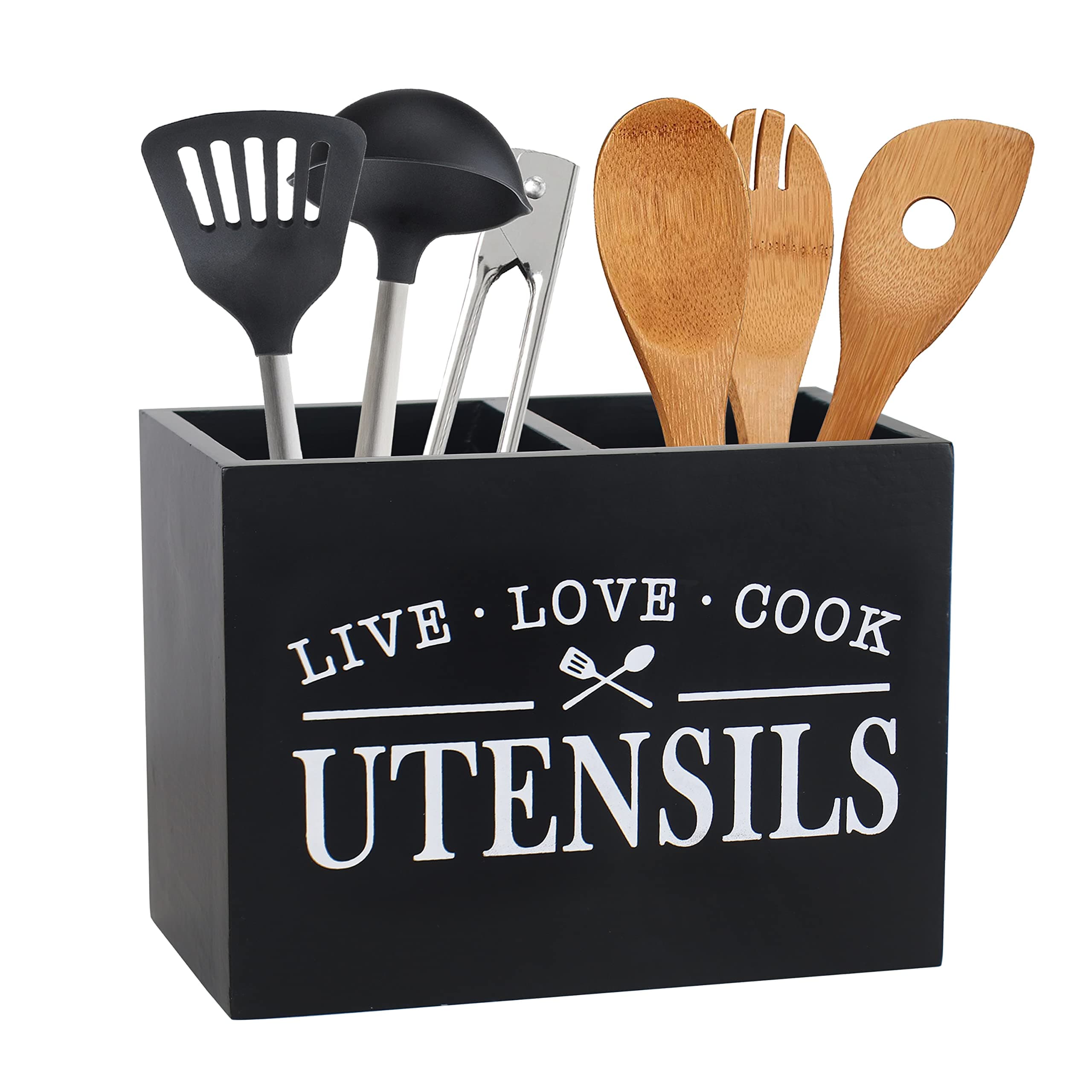 Kitchen Utensil Holder with Removable Bottom Large 2 Compartments Utensil Organizer Farmhouse Utensil Caddy for Countertop Decor, 9 x 7 x 5 Inch, Black