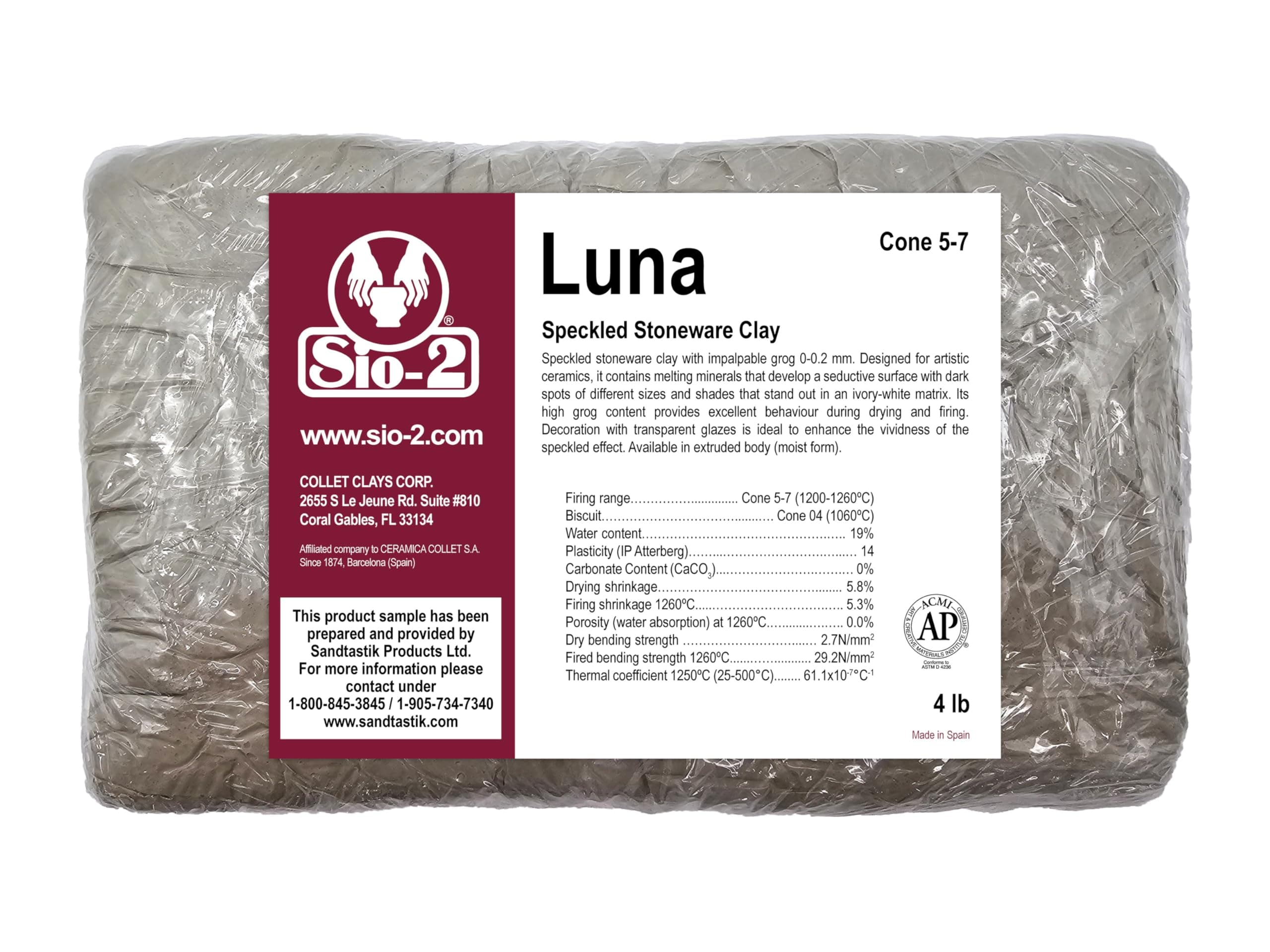 SIO-2 Luna Speckled High Fire Stoneware Clay, 4 lb (Cone 5-7) Natural Modeling Pottery Clay for Sculpting & Hand Building