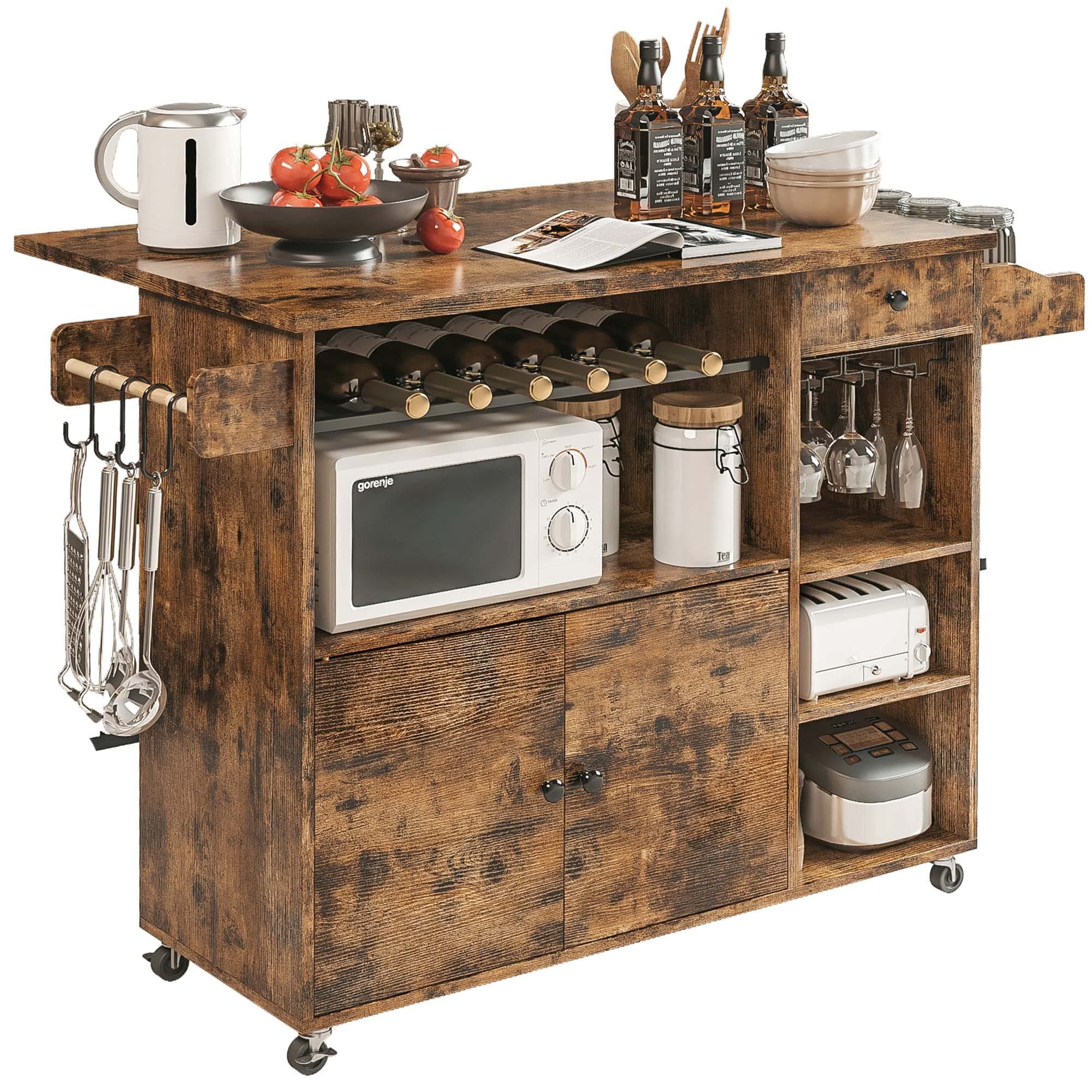 Rolling Kitchen Island Cart with Drop-Leaf and Wine Rack, Microwave Rack Serving Cart on Wheels with Drawer & Shelves & Spice Rack & Cup Hanging, Vintage Brown