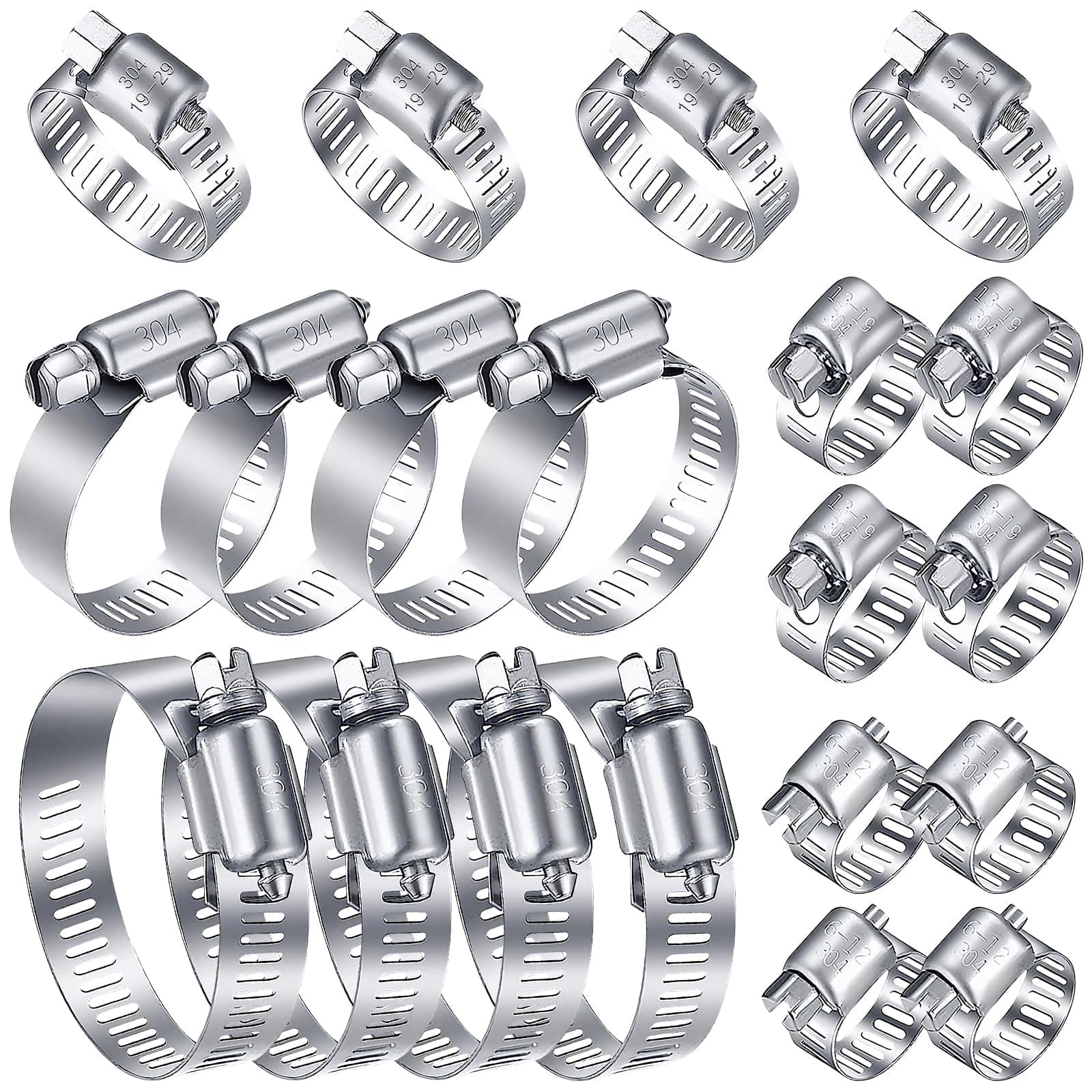 Hose Clips Set, 20pcs Adjustable Hose Clamps, 5 Sizes 6-51mm Hose Clamps Assortment 304 Stainless Steel Clamps for Washing Machine, Pool, Pond and Garden