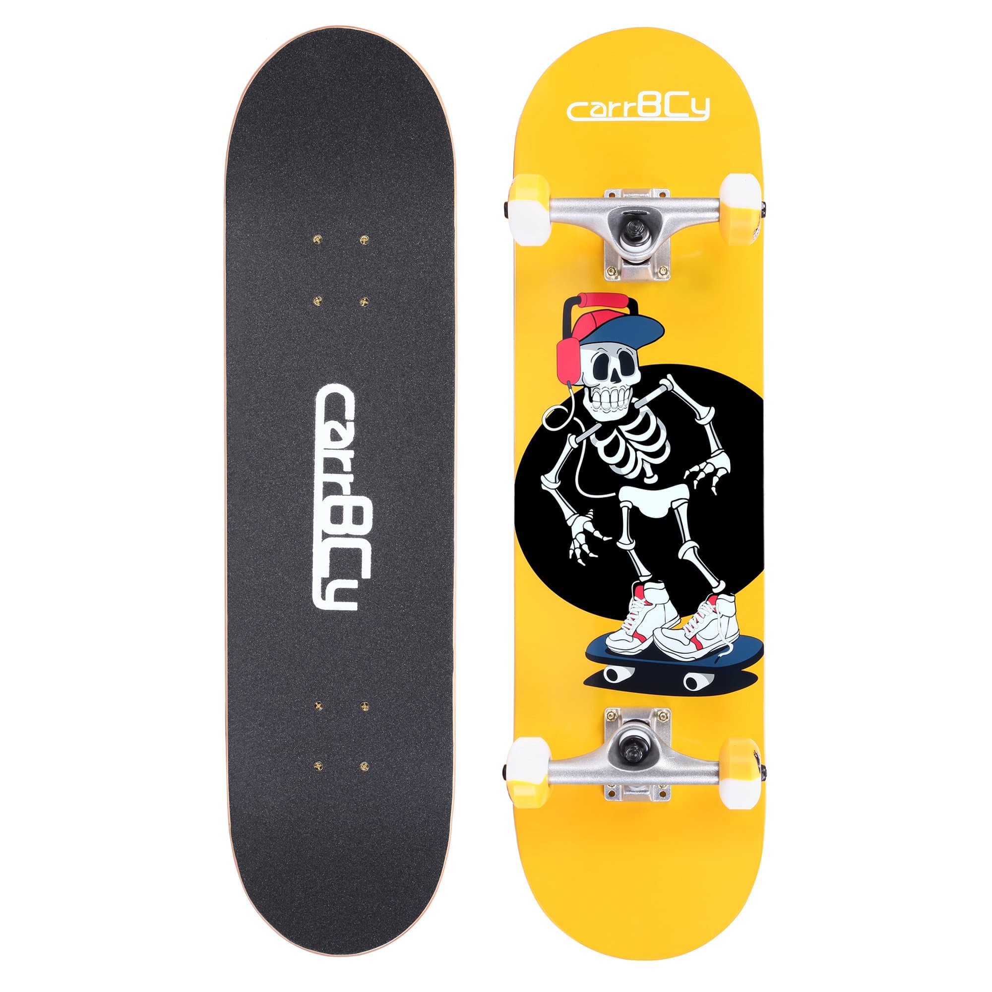 Skateboards, 31'' Pro Complete Skateboard, The Skeleton Skateboard,7 Layer Canadian Maple Skateboard Deck for Extreme Sports and Outdoors, Evening Light Powder Skeleton Skating Board, Yellow
