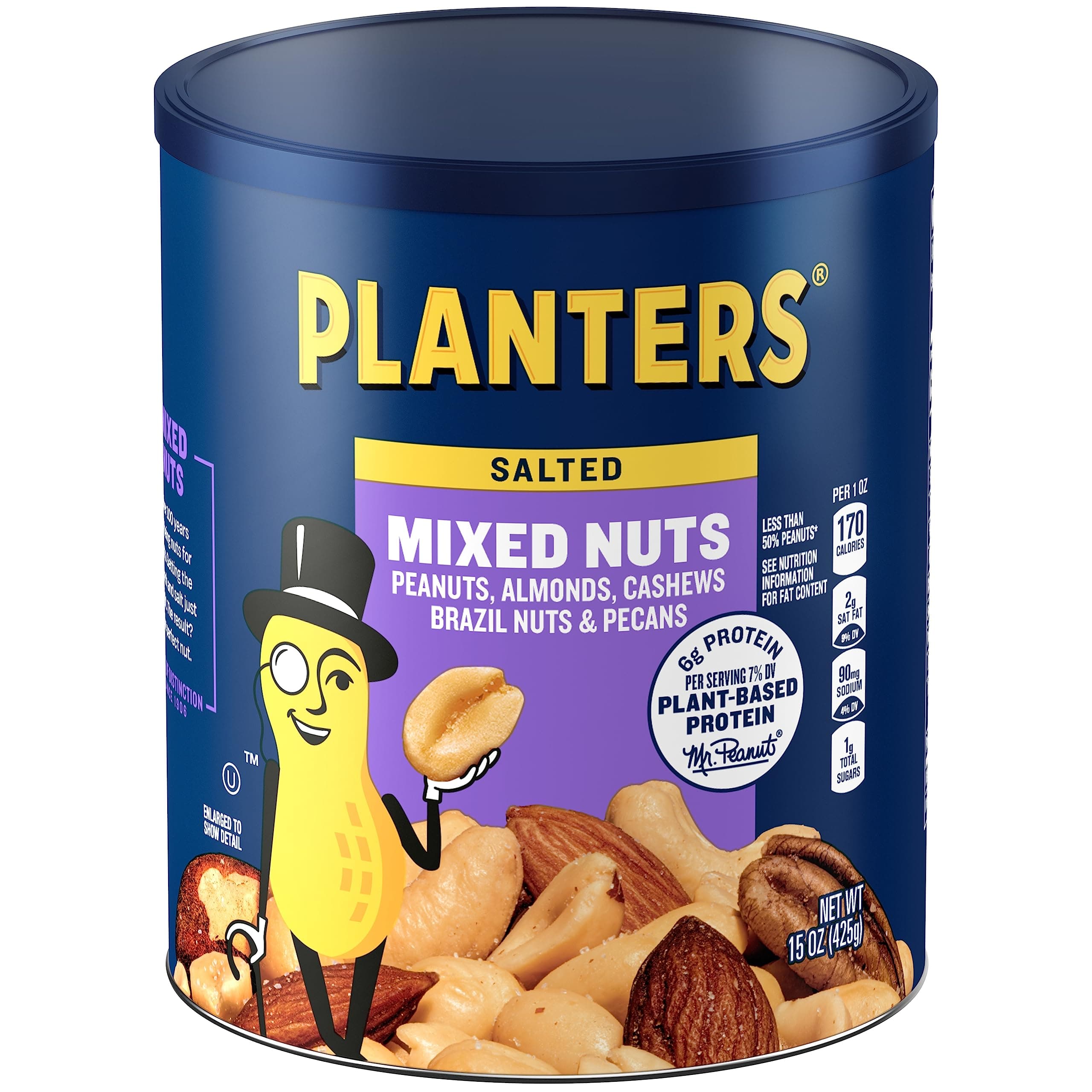 Planters Mixed Nuts (15 oz Canister) - Variety Mixed Nuts with Less Than 50% Peanuts with Peanuts, Almonds, Cashews, Hazelnuts & Pecans