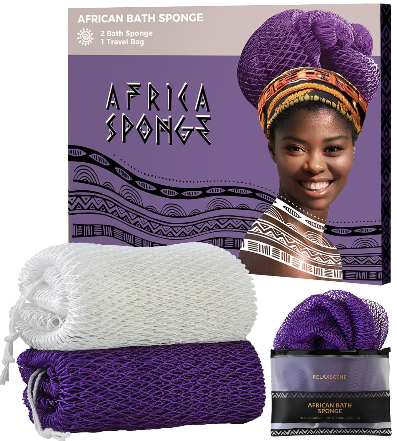 African Net Sponge Authentic - 2 Pieces Exfoliating Body Scrubber Bath Sponge - Back Scrubber Washcloth for Shower White&Purple - Real African Scrub Exfoliator Body Care Bathing Accessorie
