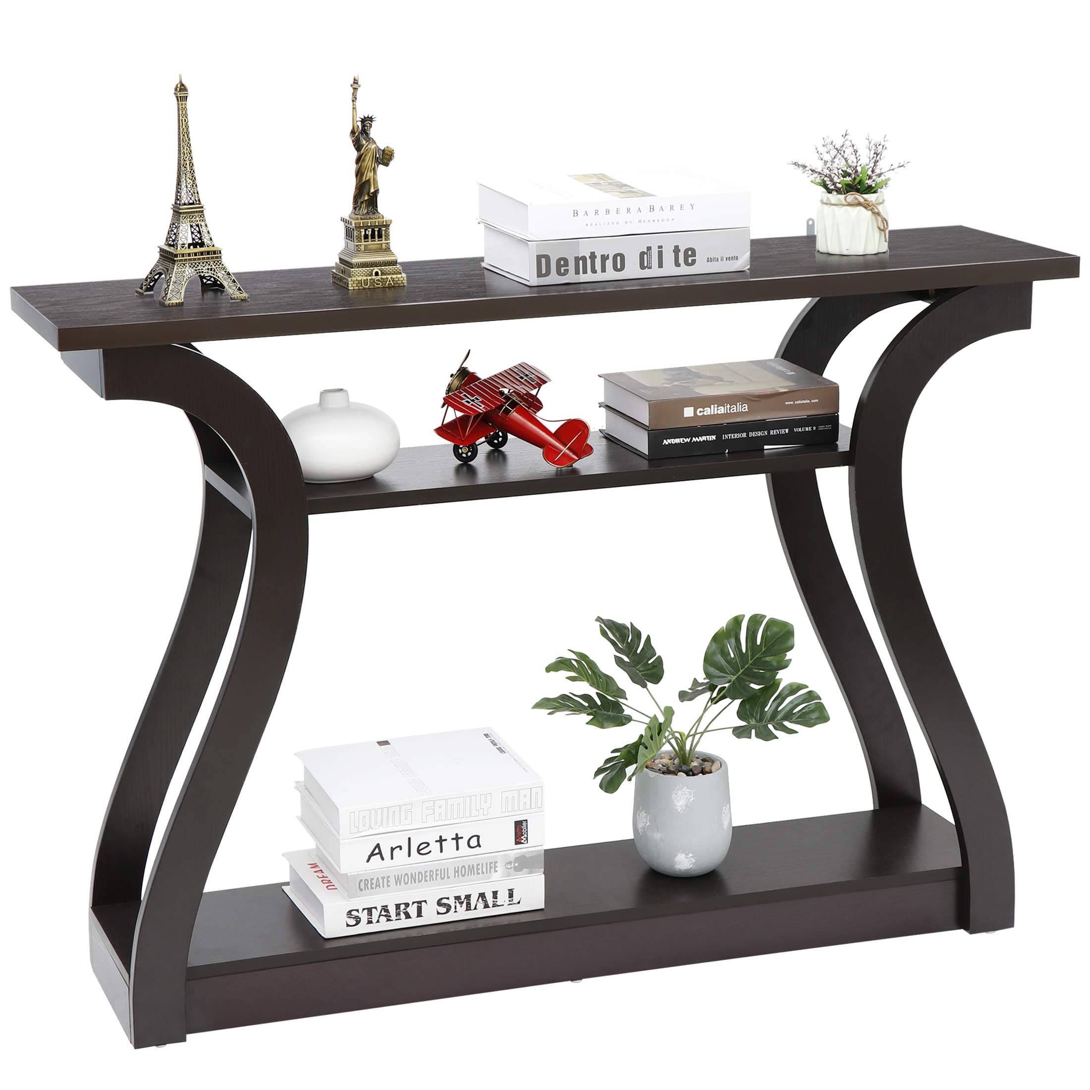 ZenStyle Wood Console Table with Curved Legs and Shelf, 3 Tier Modern Accent Sofa Table for Entryway, Living Room, Hallway, 47 in Wide, Easy Assembly (Cappuccino/Dark Brown)