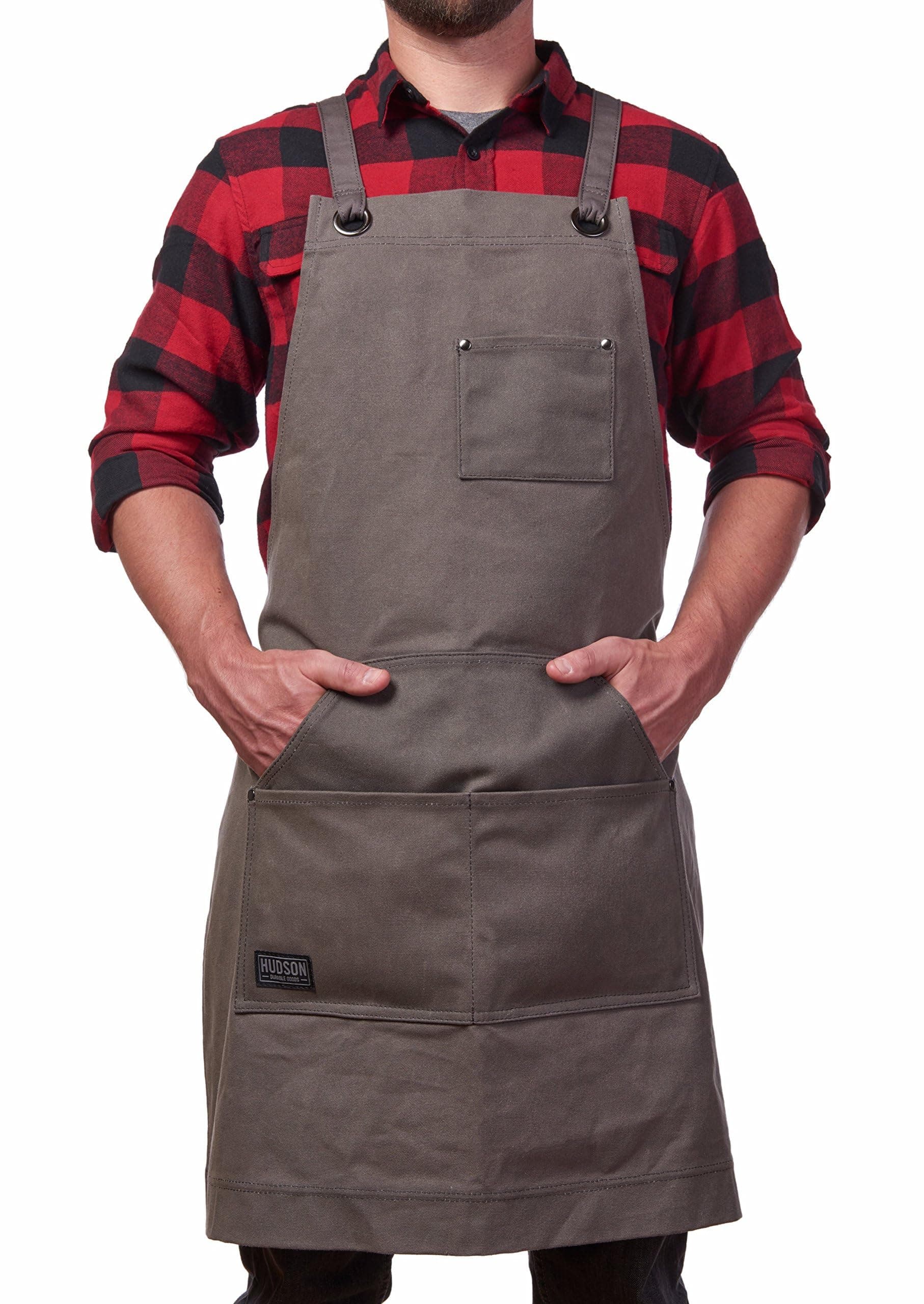 Hudson Durable Goods Heavy Duty Waxed Canvas Work Apron with Tool Pockets (Black), Cross-Back Straps & Adjustable M to XXL (Grey)