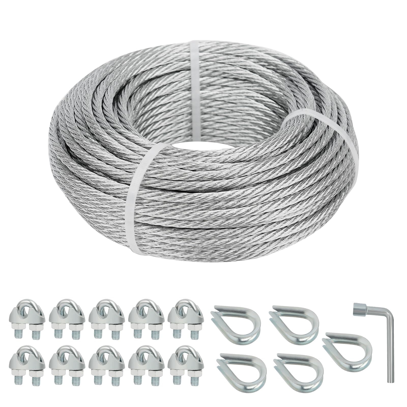 Galvanised Wire Rope Kit 5mm, 15m 7x7 Strands Steel Cable with Clamps & Thimbles, Heavy Duty Outdoor Garden Wire for Trellis, Climbing Plants, Fence, Hanging String Lights