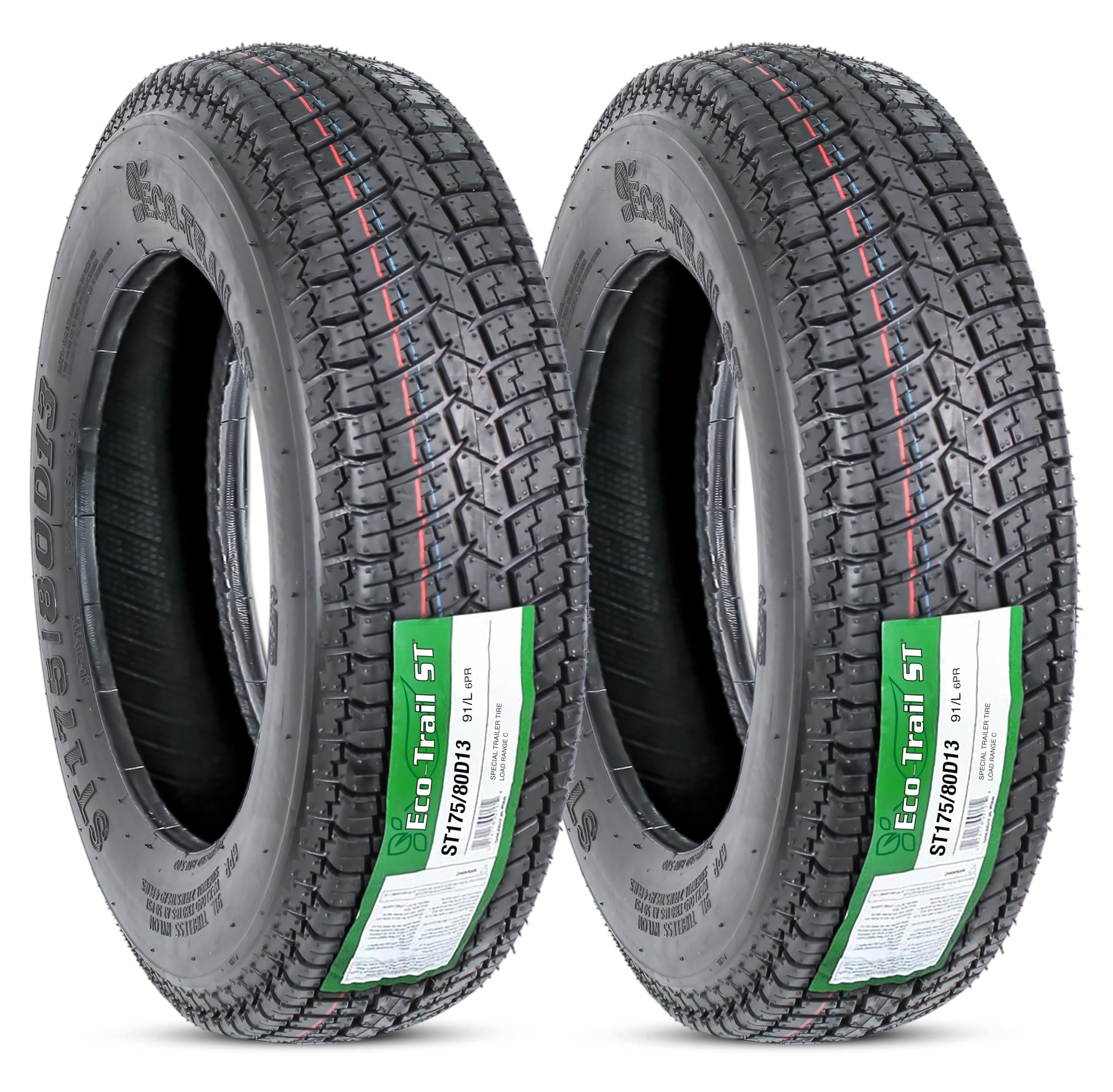 2-Pack Eco Trail ST175/80D13 DEEP TREAD Trailer Tires Bias Ply Load C - 2 Year Warranty w/Free Roadside