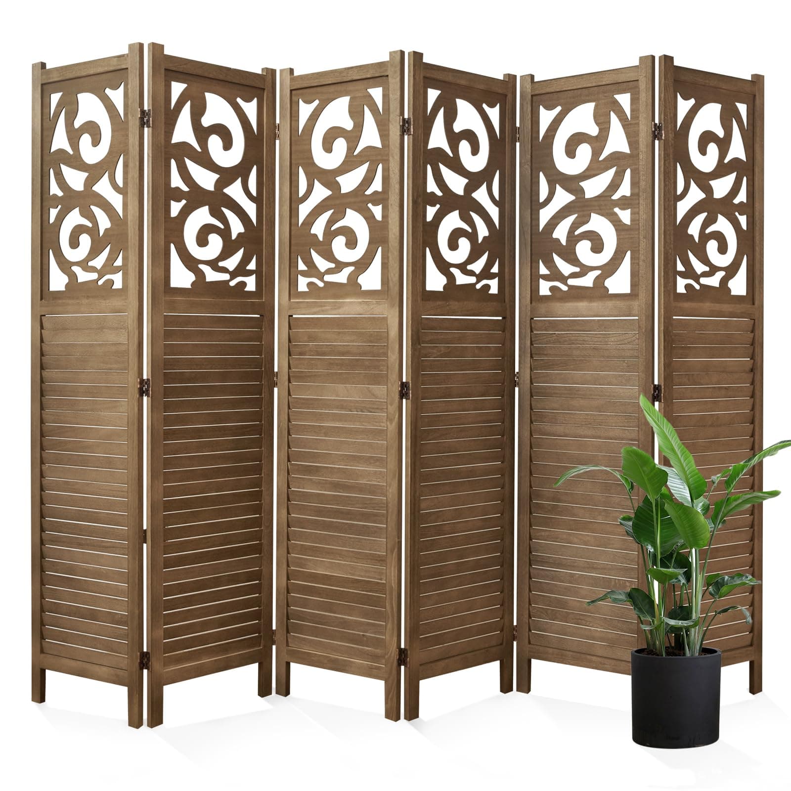 Room Divider Wood Carved Wall Divider Indoor Folding Portable Partition Screen for Home Office Garden Terrace - 6 Panel, 67 * 90inch (Dark Brown)