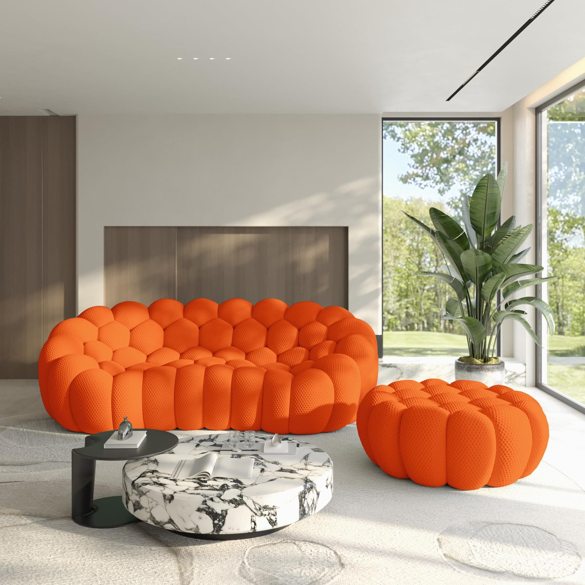 Bubble Couch with Ottoman, Modern 3-Seater Round Floor Couch, 3D Honeycomb Shape Bubble Sofa Curved Sofas for Living Room, Circle Boneless Couches, No-Assembly (Orange, 98.43+41")