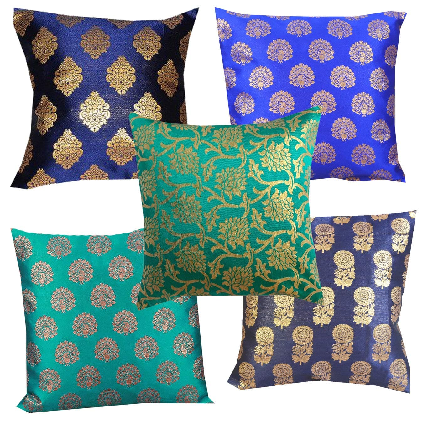 PINK PARROT Polyester Blend Square Cushion Cover, 12 x 12 Inches, Bright Dark and Light Blue Mix - Set of 5