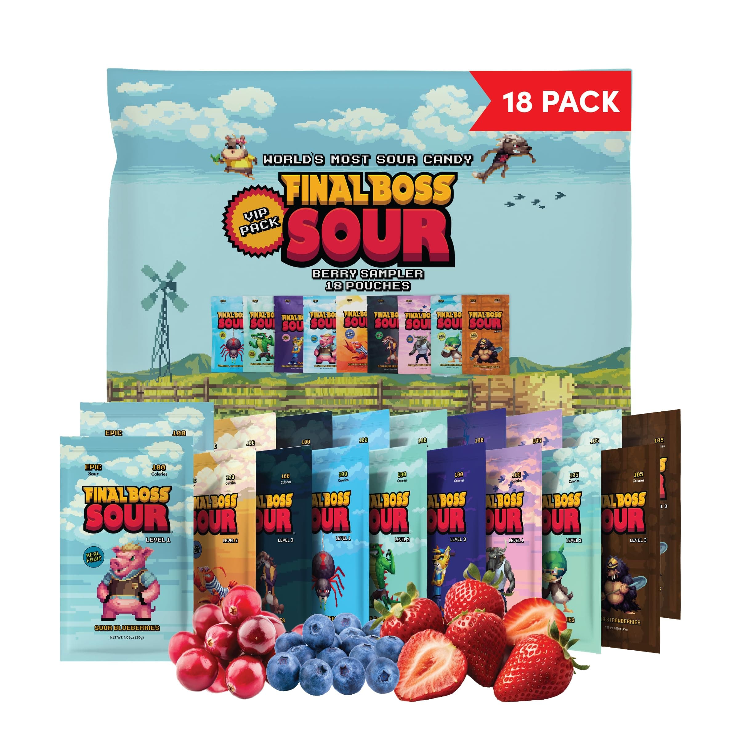 - Final Boss Sour Candy Variety Pack, 18 Pack, All Sour Levels, Extreme Sour Fruit Chews with Real Dried Fruit, No Artificial Colors or Flavors, Low Calorie Snack for Kids, Teens & Adults