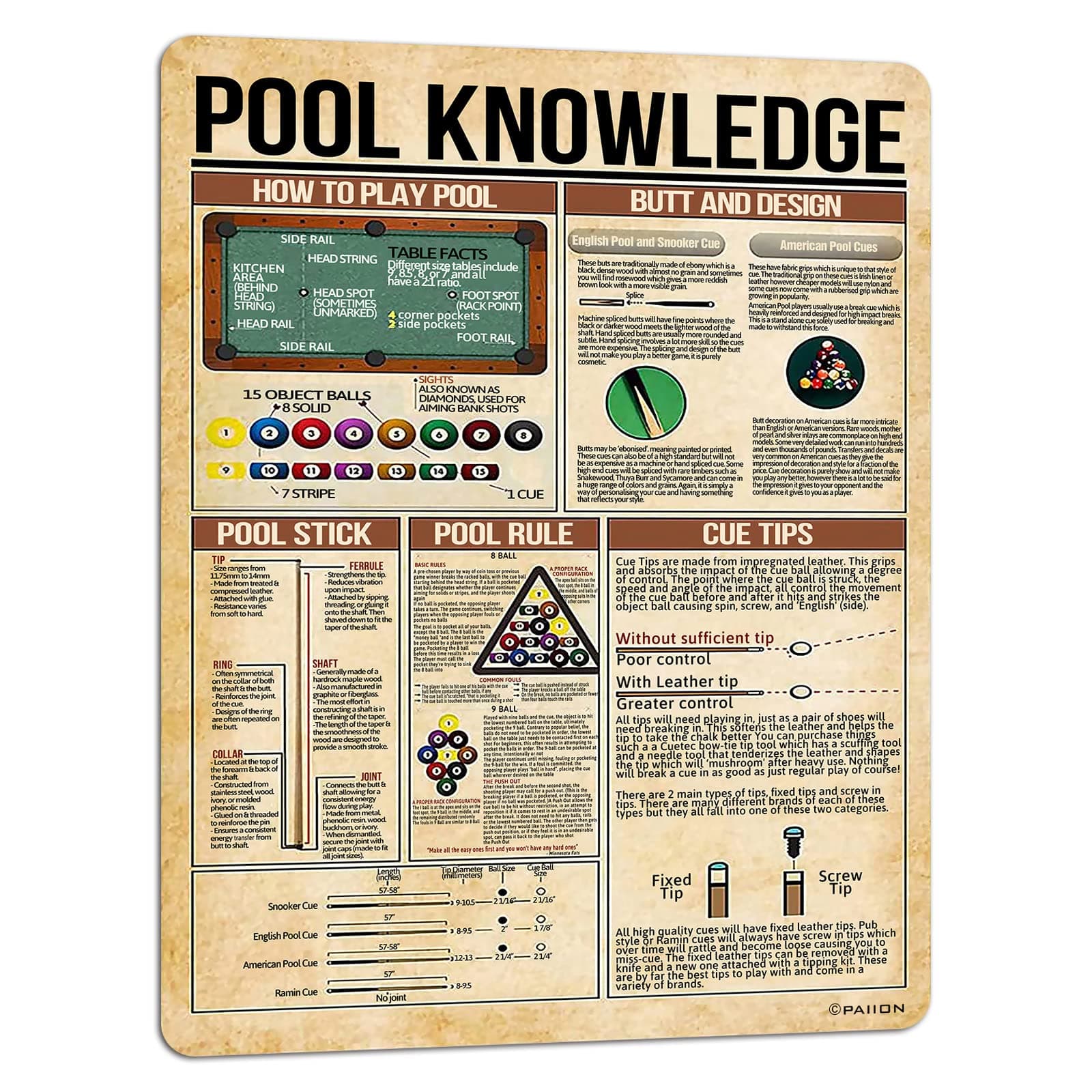 PAIION Pool Knowledge Metal Tin Signs Billiards Pool Rules Planing Education Room Decor Poster School Club Home Garage Wall Decoration 16x12 Inch