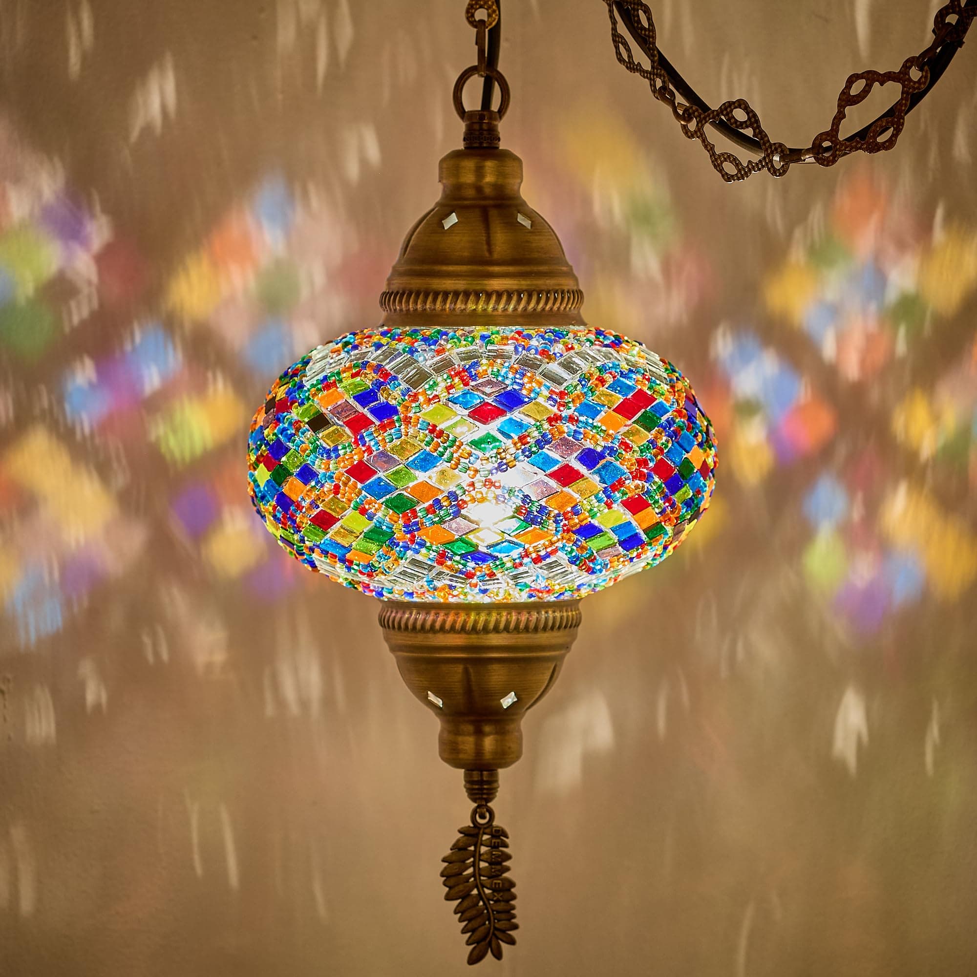 DEMMEX Authentic Turkish Plug in Pendant Light, 6.5" Big Size Globe, Made in Turkey, Turkish Moroccan Mosaic Ceiling Hanging Pendant Light Fixture Lamp, Swag Plug-in with 15ft Cord and Chain
