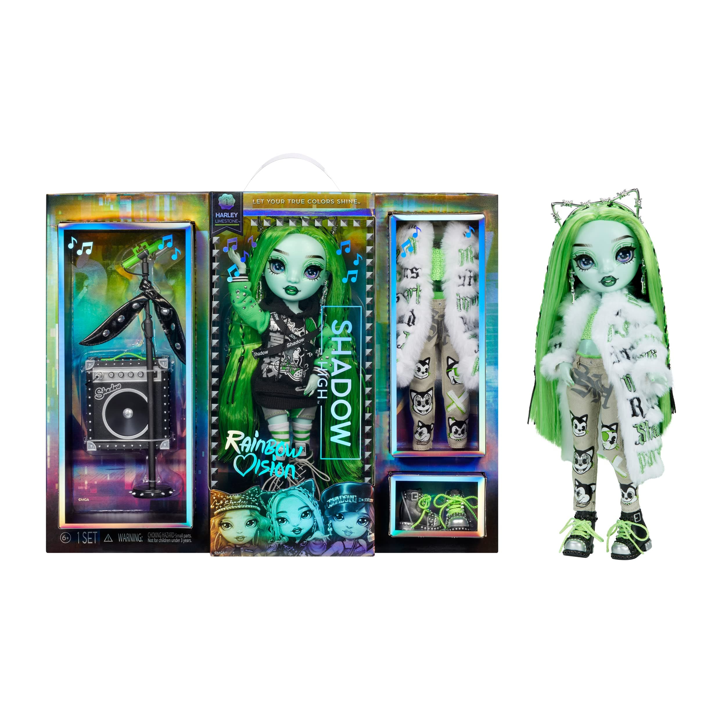 Rainbow Vision Shadow High Neon Shadow- Harley Limestone (Neon Green) Posable Fashion Doll. 2 Designer Outfits to Mix & Match, Rock Band Accessories Playset, Great Toy Gift Kids 6-12 Years & Collector