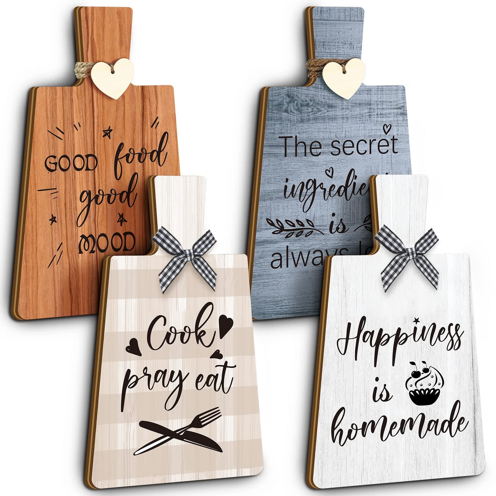 4 Pcs Kitchen Cutting Board Wall Decor Sign 4 x 7 Farmhouse Wooden Kitchen Wall Hangings Rustic Tiered Tray Decor Wood Art Hanging Sign with Hooks for Home Dining Living Room Cafe