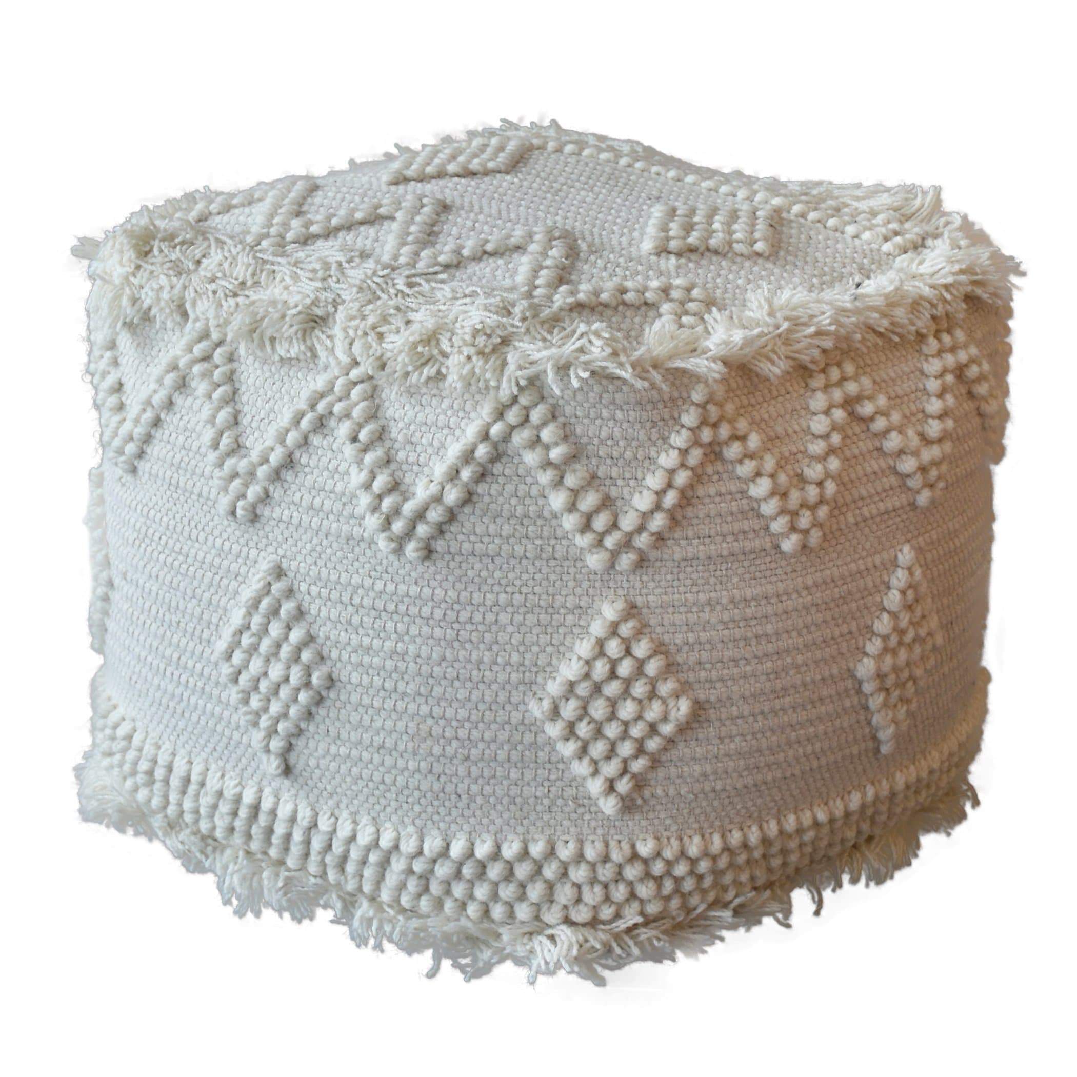 MY SWANKY HOME Tufted Soft Wool Ivory White Cube Ottoman | Bohemian Ikat Pouf Tribal Fringe