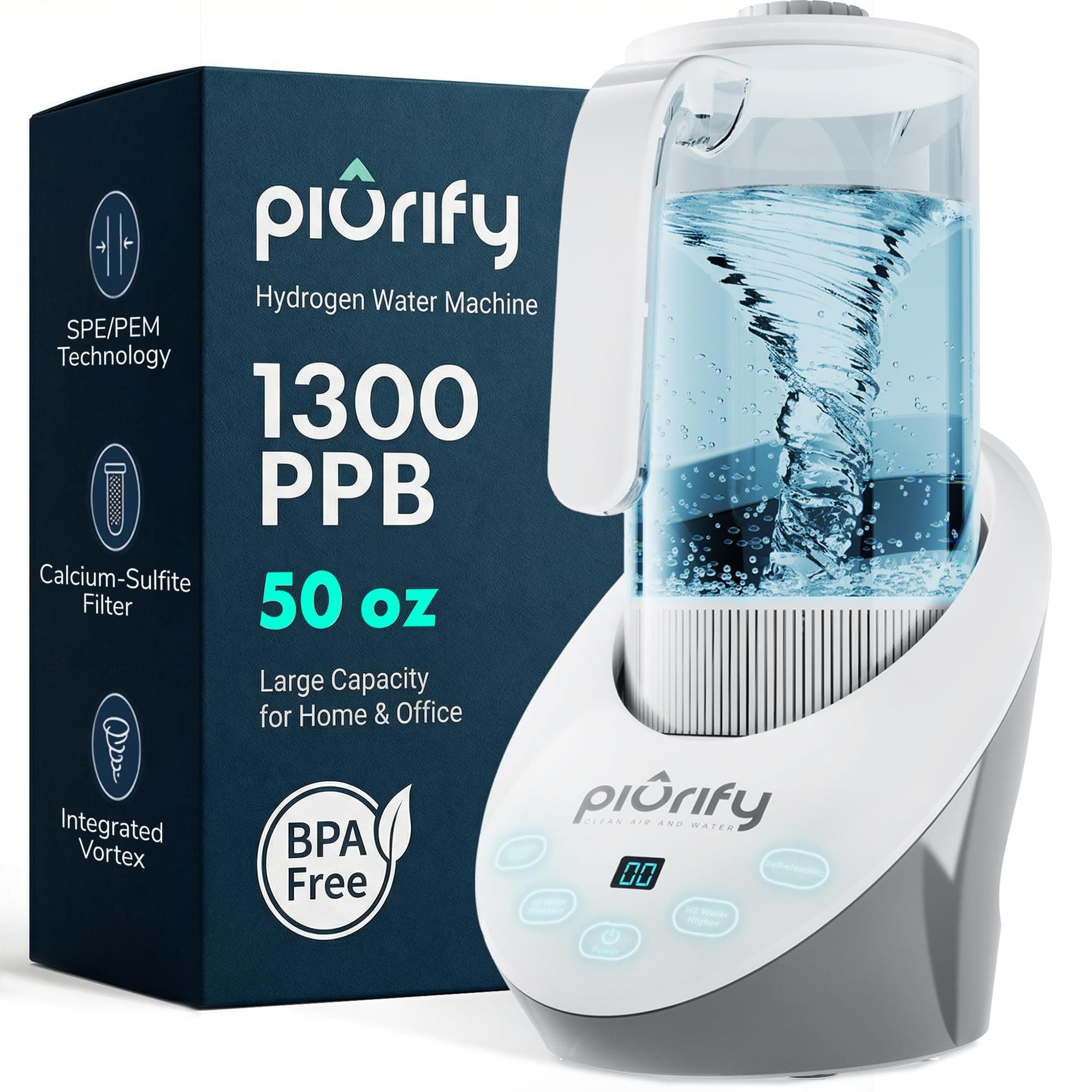 PIURIFY 3 in 1 Hydrogen Water Machine: Hydrogen Water Generator + Vortex Structured Water + Calcium Sulfite Filter | SPE/PEM Hydrogen Water Pitcher with Magnetic Water | BPA-Free Tritan | 50 OZ