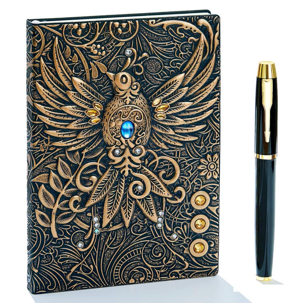 Embossed Leather Journal Writing Notebook - Antique Handmade Leather Daily Notepad Sketchbook, Travel Diary & Notebooks to Write in, Phoenix Gift For Men & Women, with Golden Classic Pen, (Bronze)